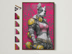 Cyberpunk Dog art print with a brown frame. This artwork is a futuristic French Bulldog wall art. It is displayed with other frame options. Perfect for a gaming room decor. This neon pink street art canvas adds a bold statement to any space.