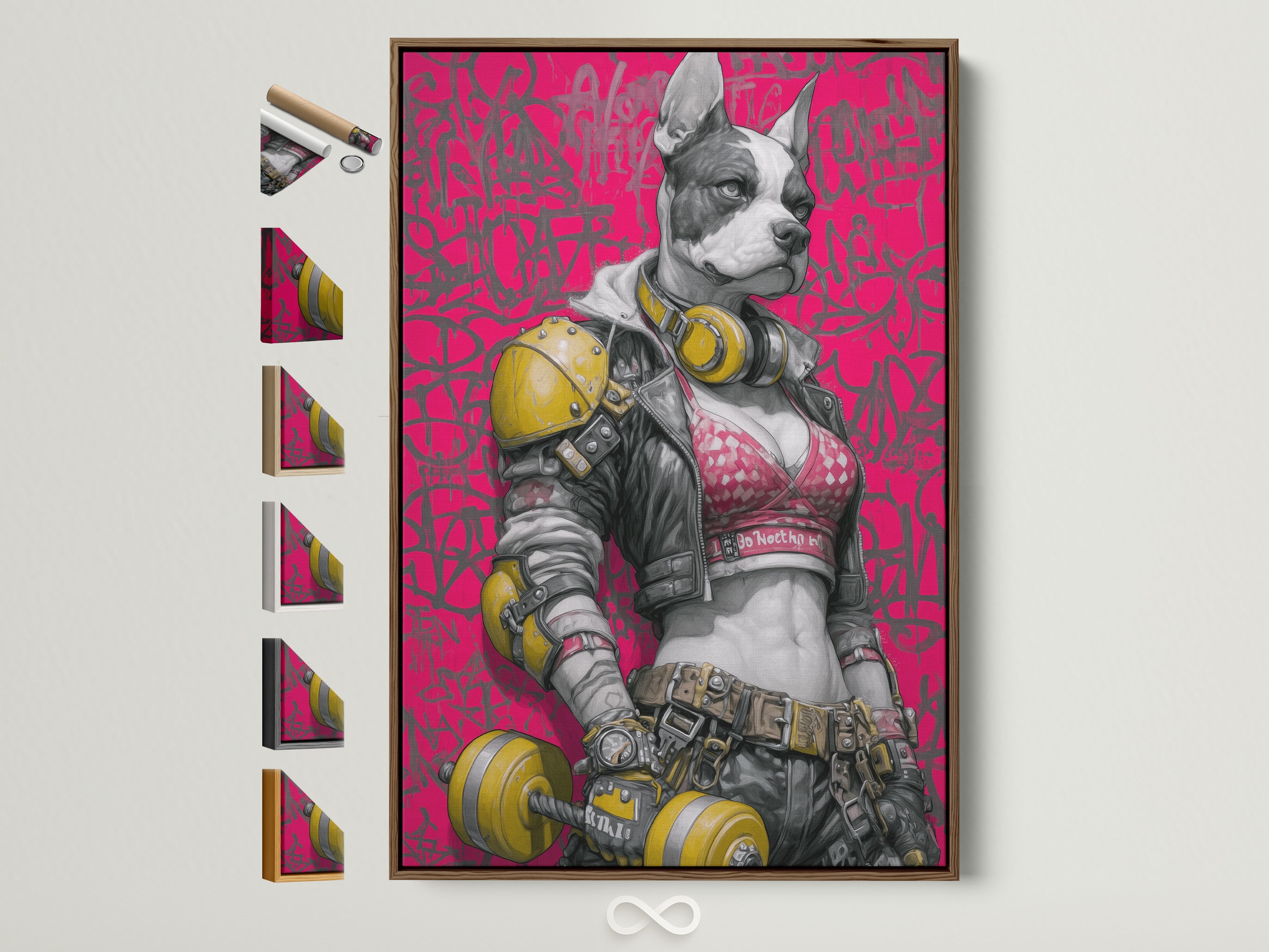 Cyberpunk Dog art print with a brown frame. This artwork is a futuristic French Bulldog wall art. It is displayed with other frame options. Perfect for a gaming room decor. This neon pink street art canvas adds a bold statement to any space.