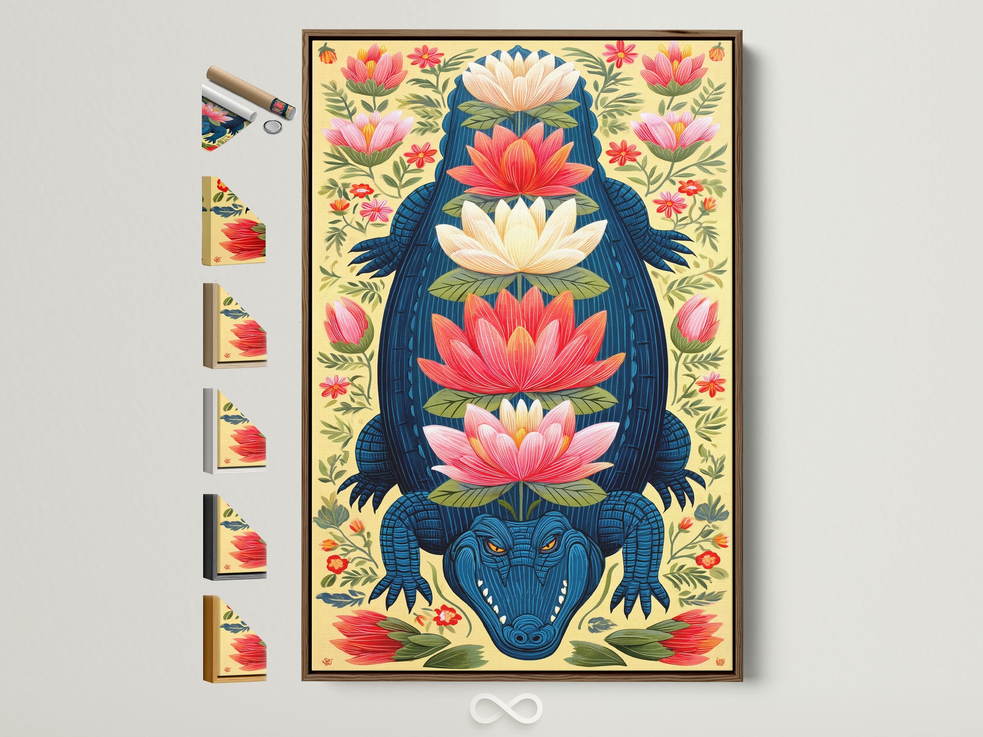 A framed Alligator Canvas Print is showcased with available frame options. The brown frame enhances the teal and coral artwork. Explore various frame styles to complement your bohemian or southern decor. Find the perfect frame to elevate your exotic artwork and living space now.