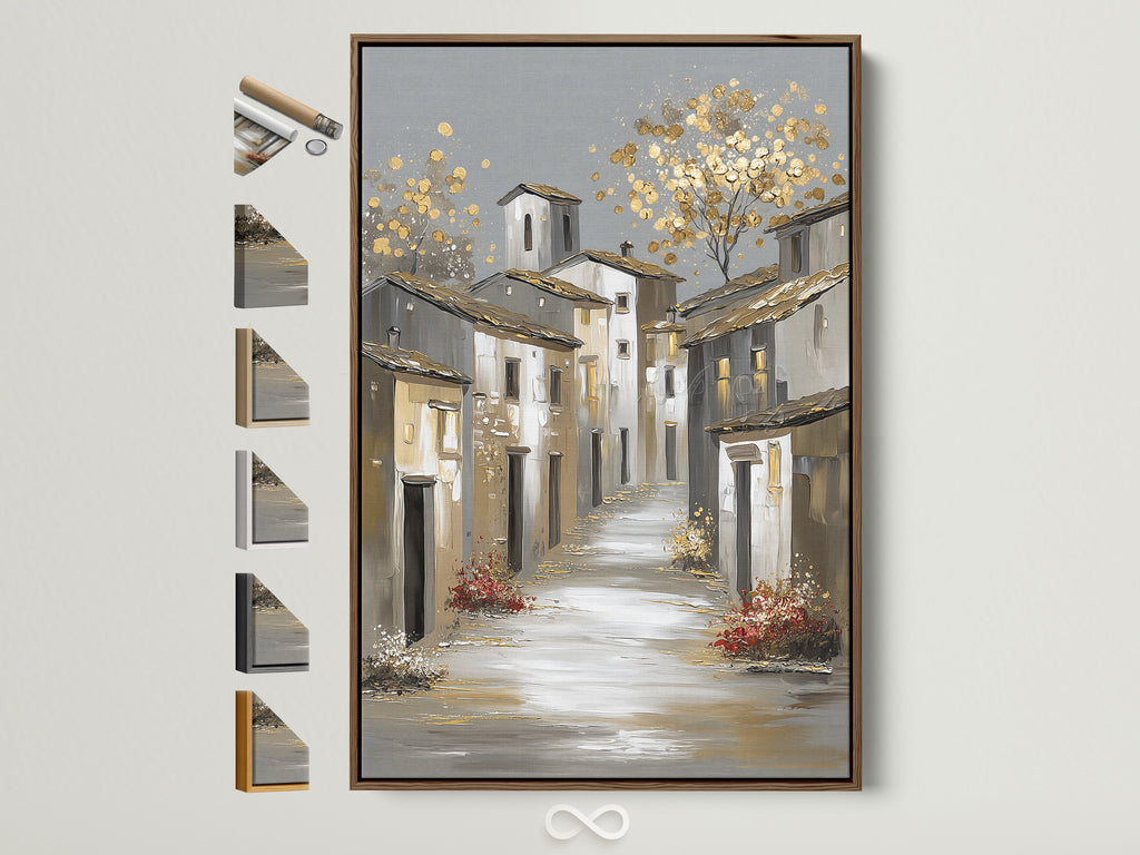 Brown frame displays artwork of a European street scene. The art features buildings and gold accents. Many frame options are visible on the side. Find the perfect frame to complement your art.