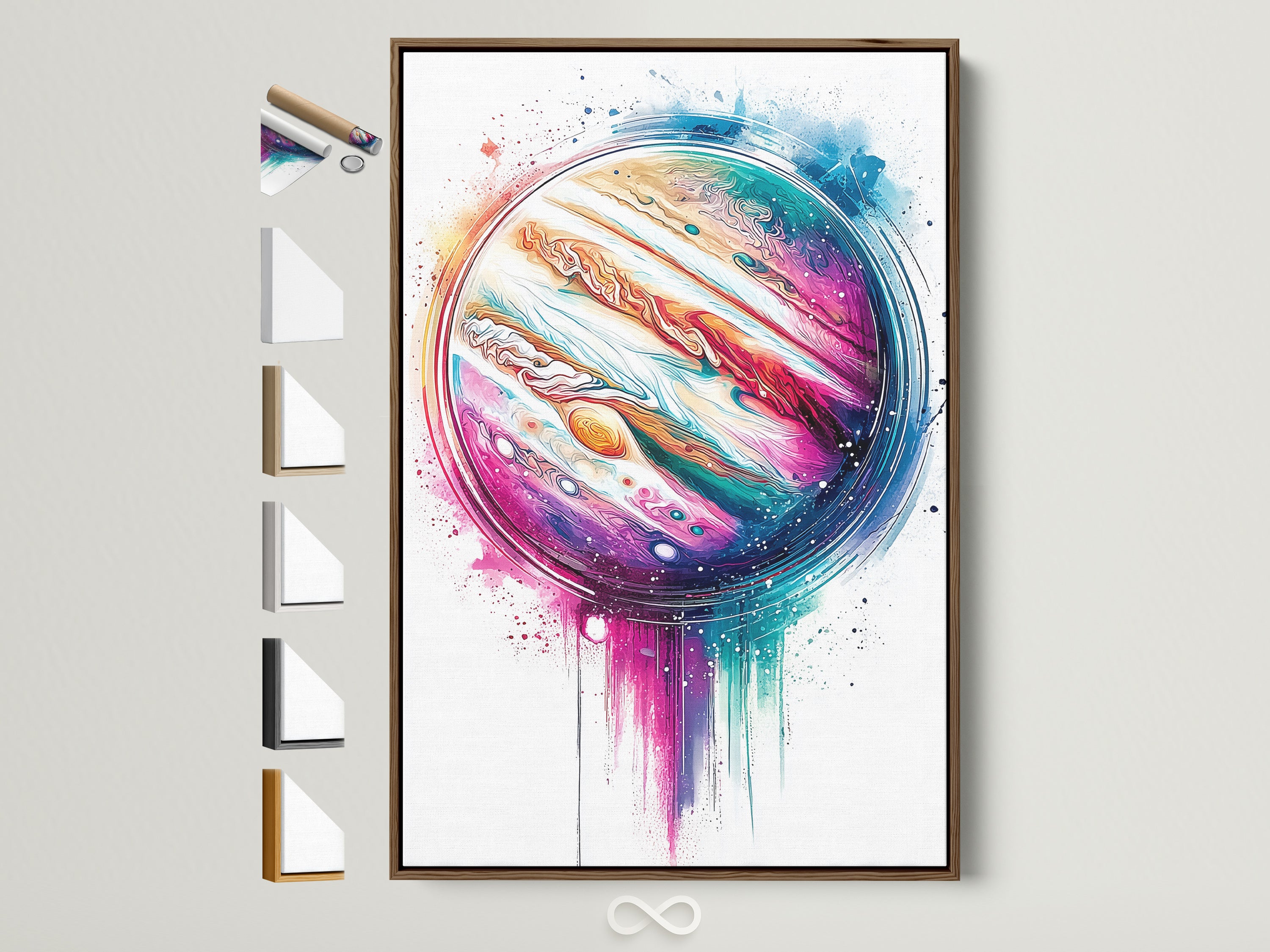 Brown frame artwork of Jupiter Abstract Canvas Print. Options for frame colors are displayed on the side. This colorful planet wall art is a modern celestial artwork. Perfect cosmic decor for homeowners and renters.