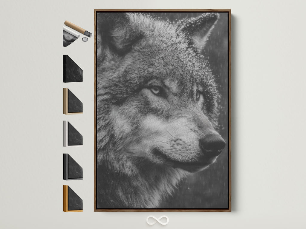 A captivating wolf portrait in black and white. The artwork features a brown frame. See all available frame options to perfectly match your decor. Enhance your living space with this striking wildlife canvas art.