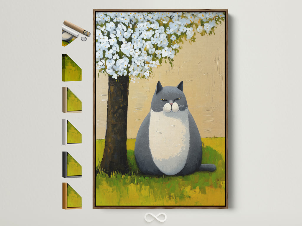 A whimsical cat artwork print is displayed in a brown frame. All frame options are visible on the side. This peaceful garden canvas wall art features a cute animal illustration. It's perfect nursery room decor.