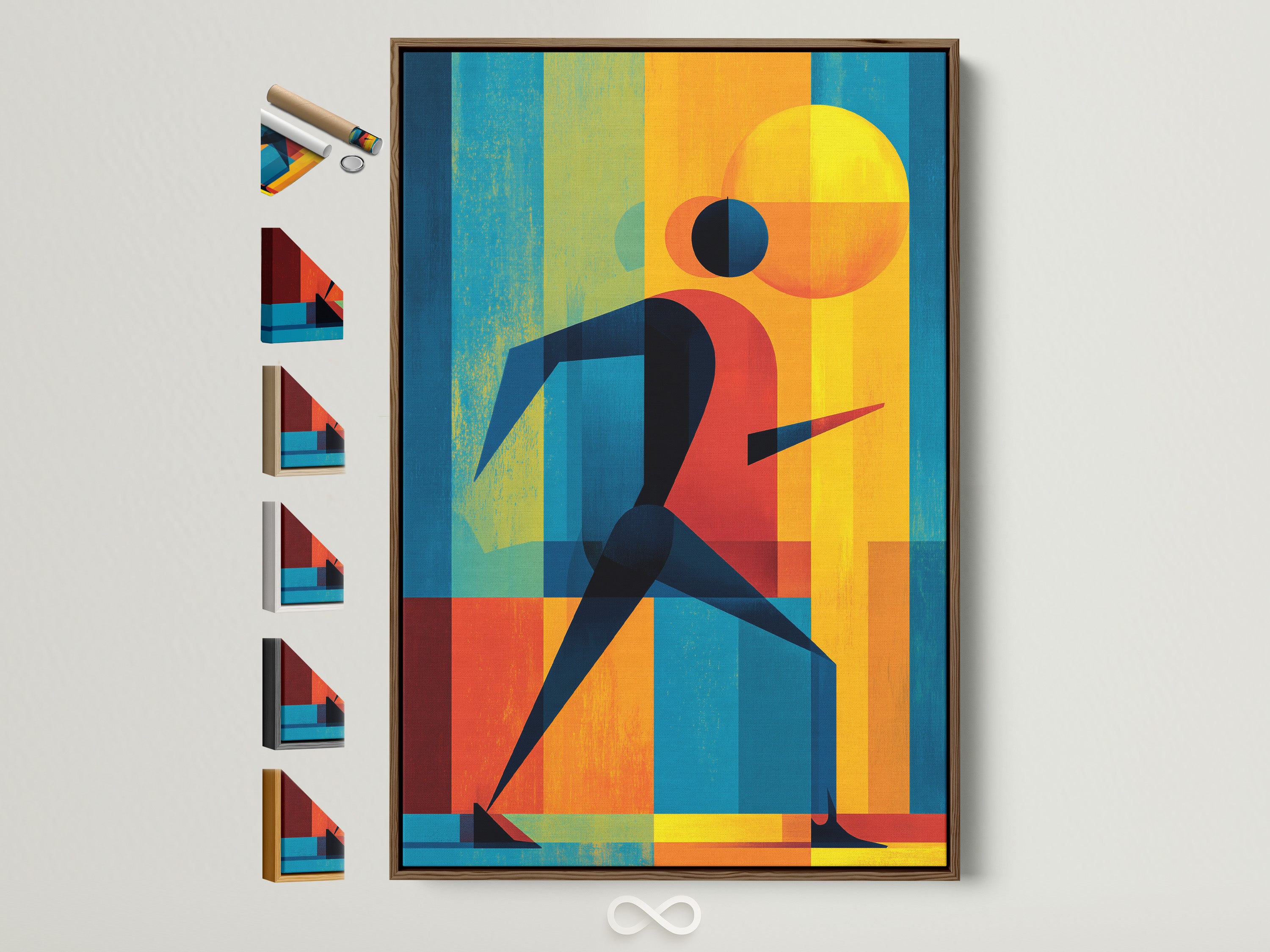 Olympic Runner artwork with a brown frame. View all available frame options. This retro sports wall art features a runner in blue red and yellow tones. Perfect vintage athletic canvas print for home gym decor.