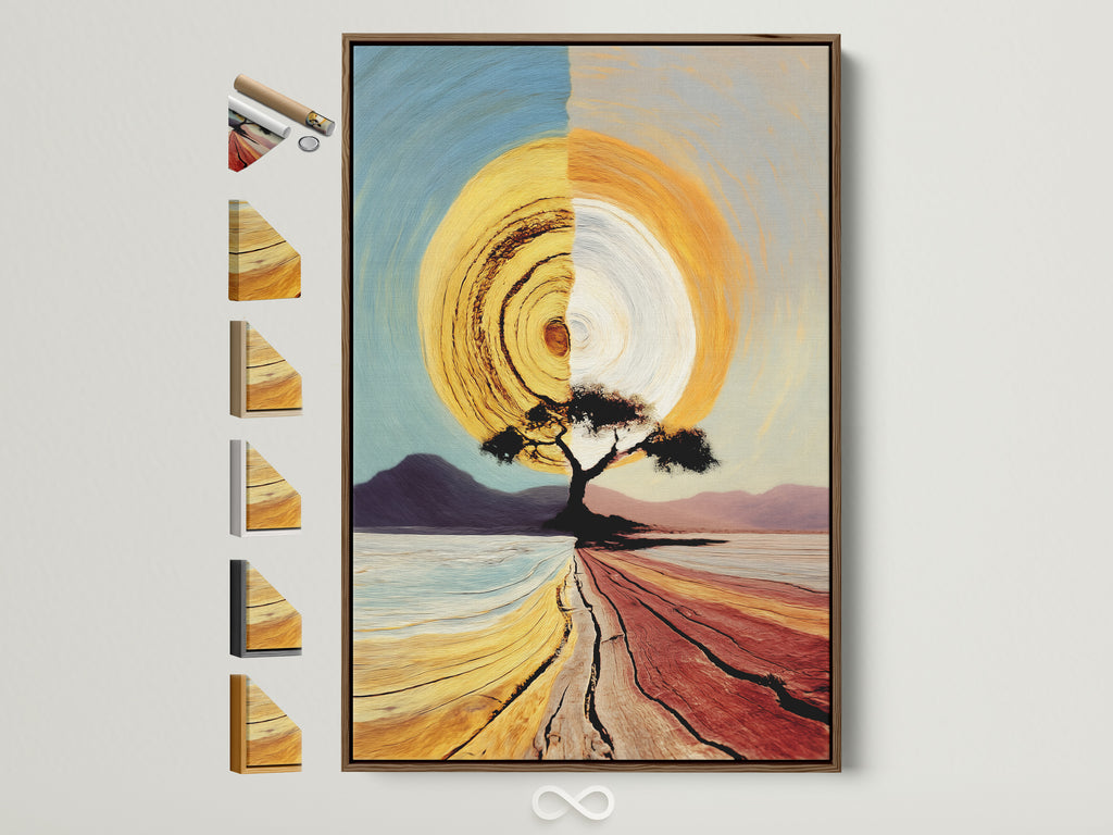 A variety of frame options are displayed alongside a Sunrise Tree canvas art piece. The brown frame complements the warm tones of the golden sun artwork. Find the perfect frame to enhance your abstract landscape artwork. This contemporary wall art brings nature's beauty into your home.