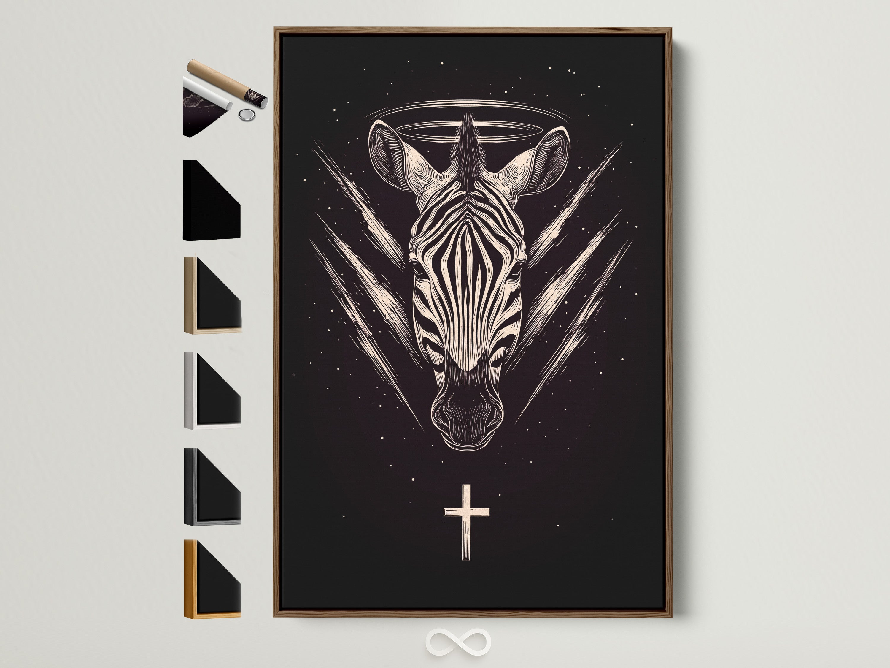 Zebra Celestial artwork with a brown frame. This gothic animal wall art features sacred geometry. It's displayed with all frame options on the side. Perfect black art print for gothic home decor. This mystical animal art adds dark wall decor to any room.