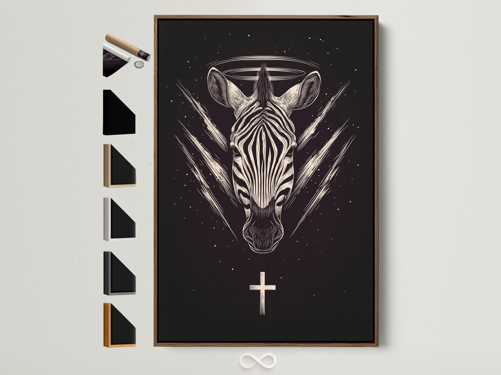 Zebra Celestial artwork with a brown frame. This gothic animal wall art features sacred geometry. It's displayed with all frame options on the side. Perfect black art print for gothic home decor. This mystical animal art adds dark wall decor to any room.