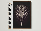 Zebra Celestial artwork with a brown frame. This gothic animal wall art features sacred geometry. It's displayed with all frame options on the side. Perfect black art print for gothic home decor. This mystical animal art adds dark wall decor to any room.