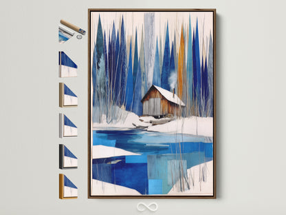 Winter Cabin Canvas Artwork with a brown frame. This snowy lake wall art provides chalet decor. The brown frame beautifully complements the blue and white abstract winter art. This modern wall art enhances any nature print or lake house decor. See all available frame options displayed on the side.