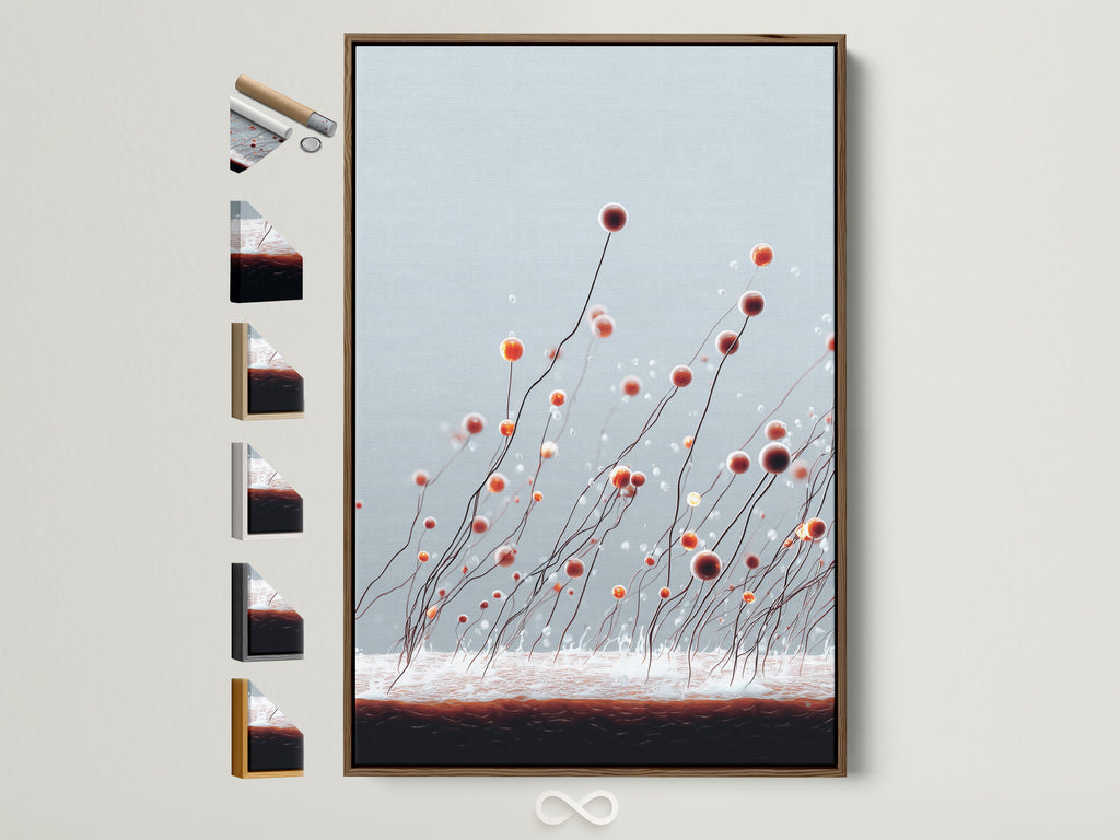 Artwork in a brown frame displayed on a wall. The frame has multiple frame options on the side. View all our frame options. Find the perfect frame for your artwork. Elevate your space with framed art.