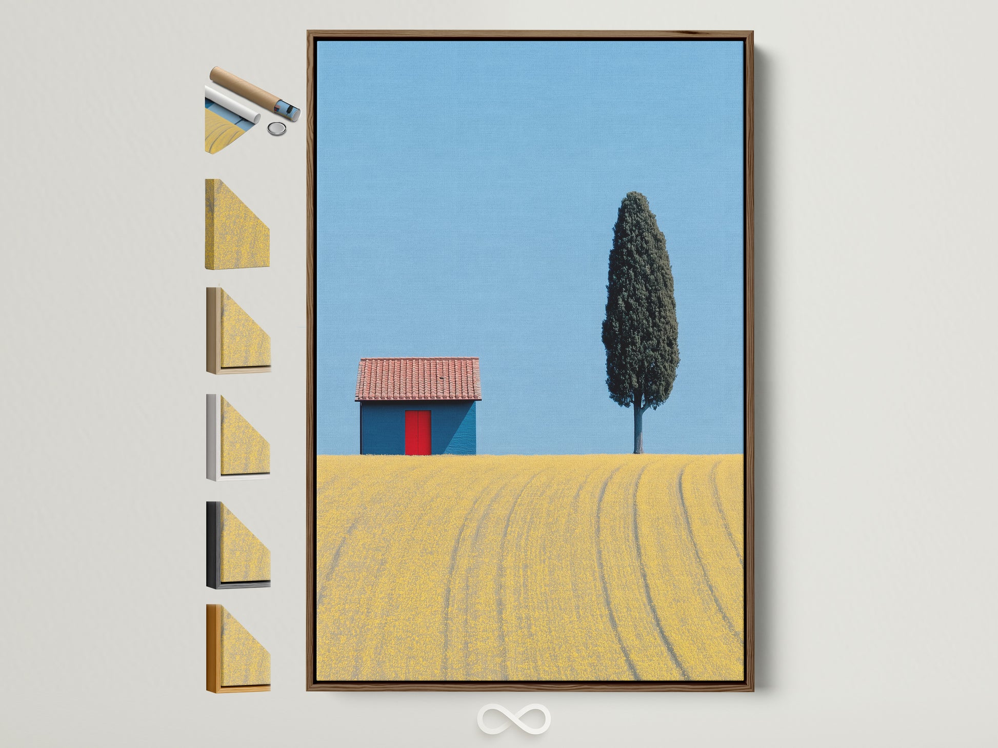 Tuscany Landscape artwork with a brown frame. The image shows a cypress tree wall art and Italian countryside photography. Frame options are displayed on the side. Perfect art for office decor.