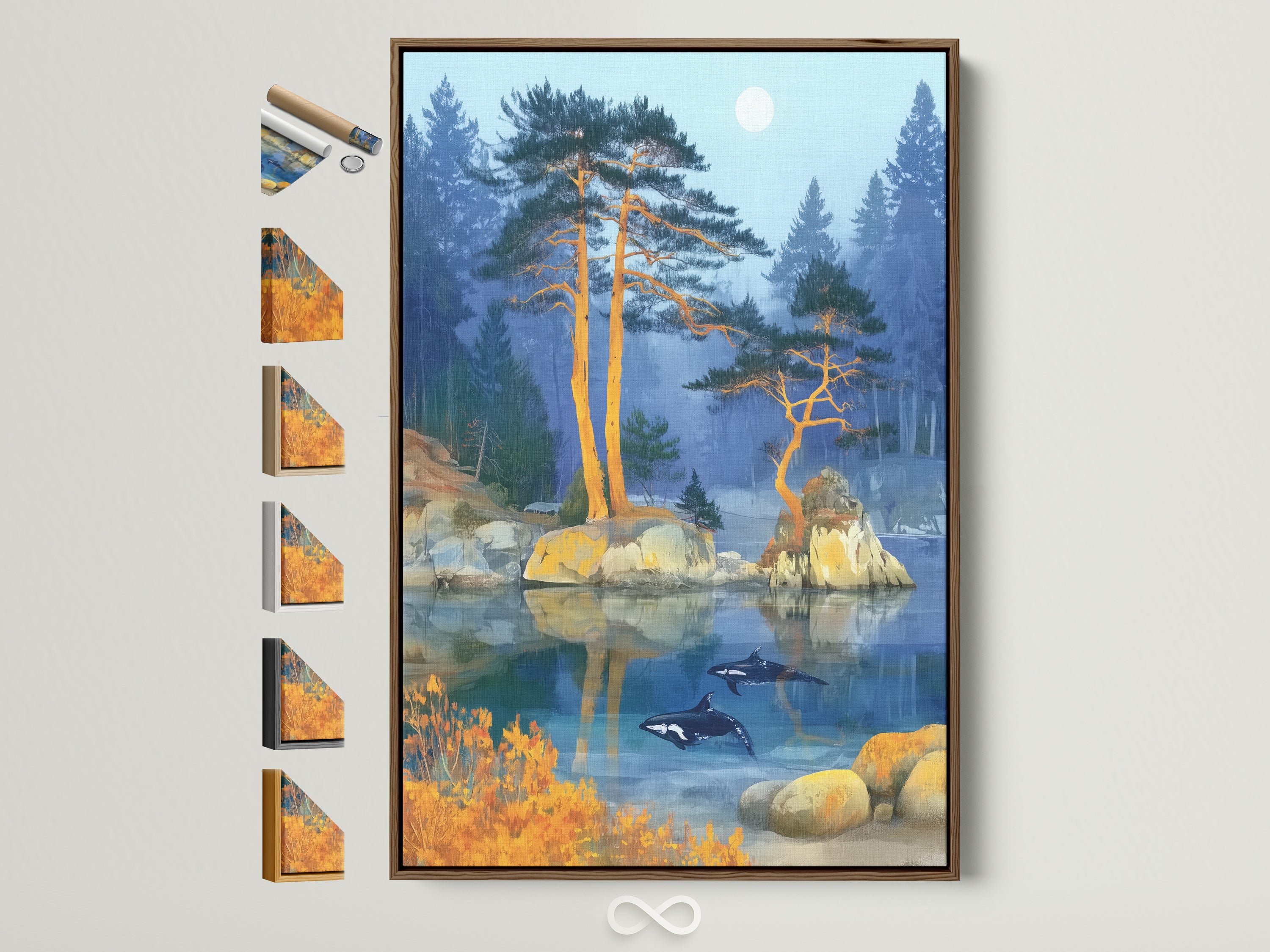 Orca Lake artwork is framed in a brown frame. The artwork depicts a serene lake scene with pine trees and orcas swimming in the water. The artwork is displayed with multiple frame options for customers to choose from. Find the perfect frame to match your style and decor.