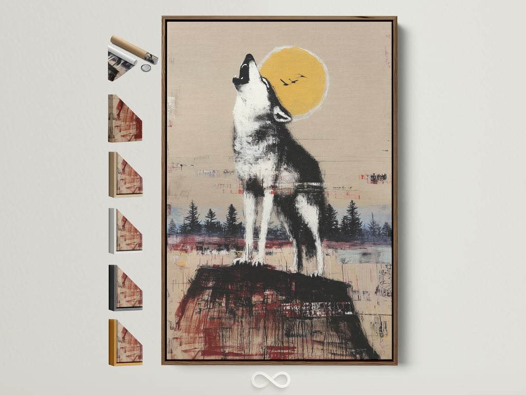 Rustic wildlife wall art featuring a howling wolf under the moon. The artwork is framed in a brown frame. View all our frame options. Elevate your cabin decor with this nature animal print. Perfect for adding a touch of wilderness to your living space.