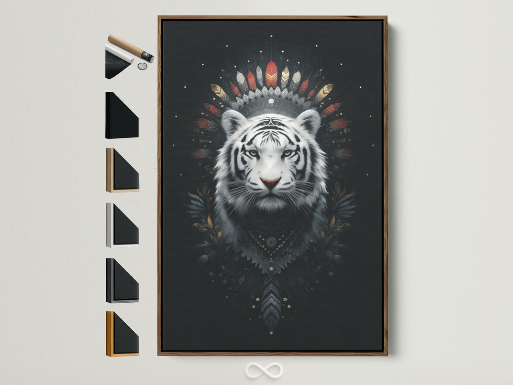 Boho tribal wall art featuring a mystical white tiger art print is displayed in a brown frame. Various frame options are presented. Find the perfect frame to complement your artwork. Enhance your living room or bedroom decor with this unique piece.