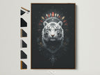 Boho tribal wall art featuring a mystical white tiger art print is displayed in a brown frame. Various frame options are presented. Find the perfect frame to complement your artwork. Enhance your living room or bedroom decor with this unique piece.
