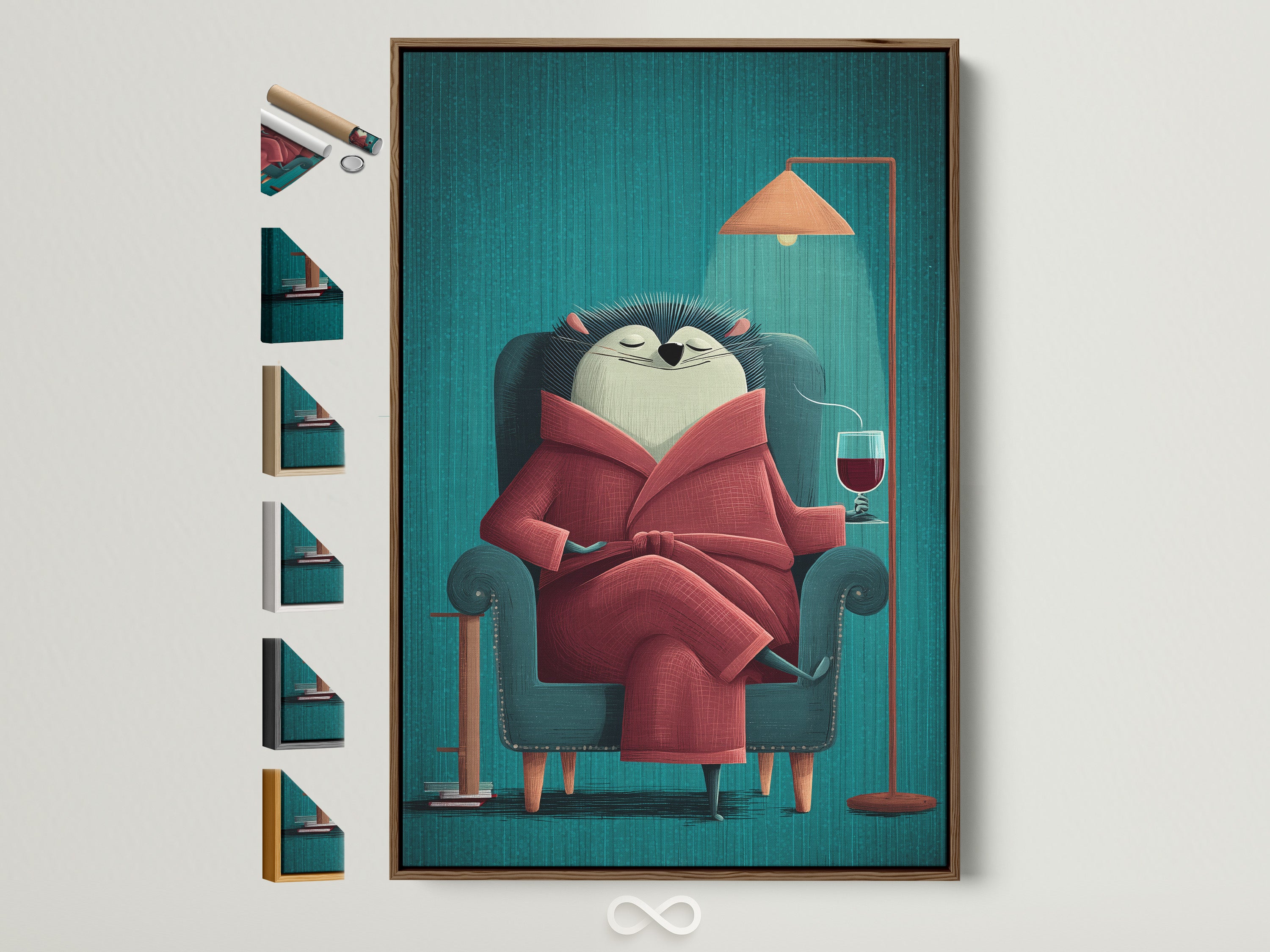 Explore frame options with this Reading Hedgehog artwork. See the brown frame alongside white black gold and oak options. Find the perfect frame to complement your space. This cozy animal art is ideal for living rooms and home offices. Elevate your decor with book lover art.