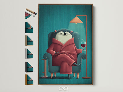 Explore frame options with this Reading Hedgehog artwork. See the brown frame alongside white black gold and oak options. Find the perfect frame to complement your space. This cozy animal art is ideal for living rooms and home offices. Elevate your decor with book lover art.