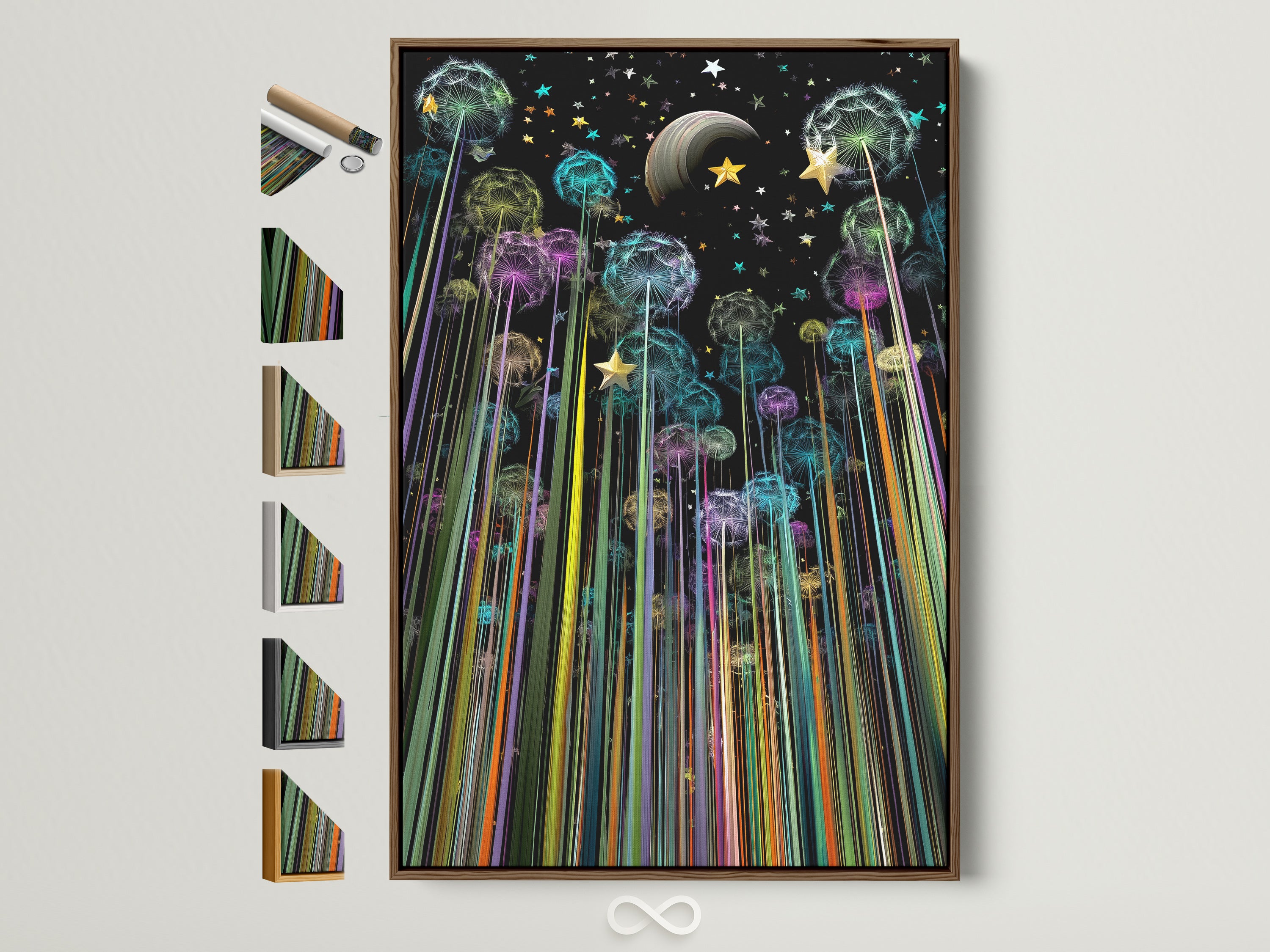 Brown frame displays a vibrant Dandelion Galaxy Canvas Print. The artwork features celestial wall art with colorful space elements. Ideal bedroom wall decor. See frame options available to enhance this colorful artwork.
