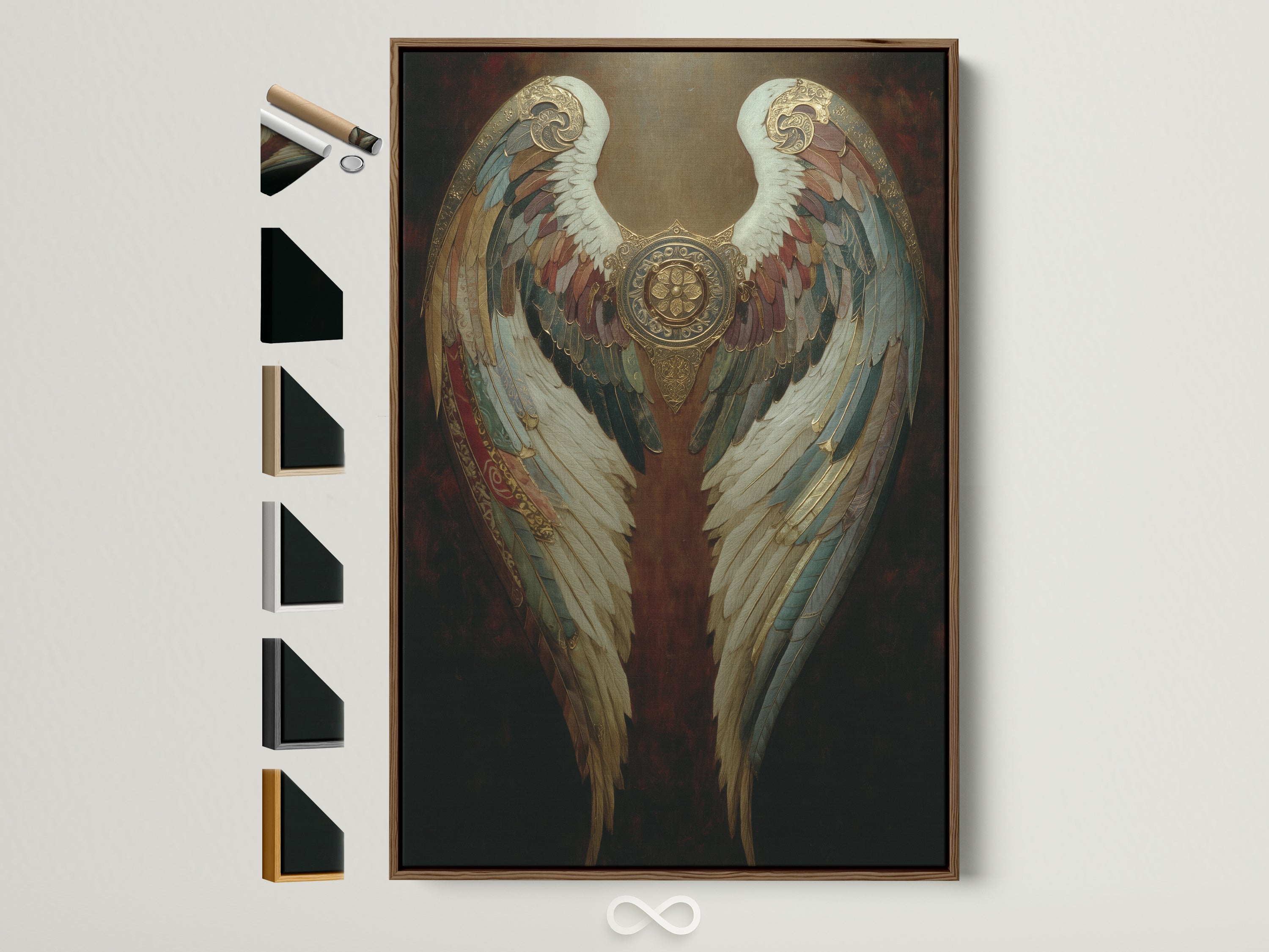Vintage-style angel wings art print in a brown frame. This gothic home decor adds a spiritual touch to any bedroom. A perfect piece of fantasy artwork with ornate wings. This angelic art enhances dark academia aesthetics. Feathered mythical art elevates your space. All frame options are displayed for your selection.