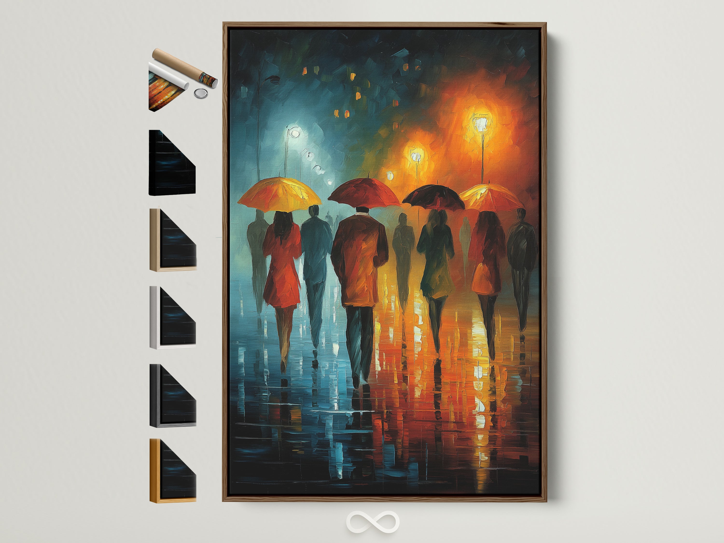 Framed figurative wall art displayed with frame options. The artwork depicts a rainy city scene with figures holding umbrellas. The frame is a light brown wood. Explore options for modern artwork to elevate your space.