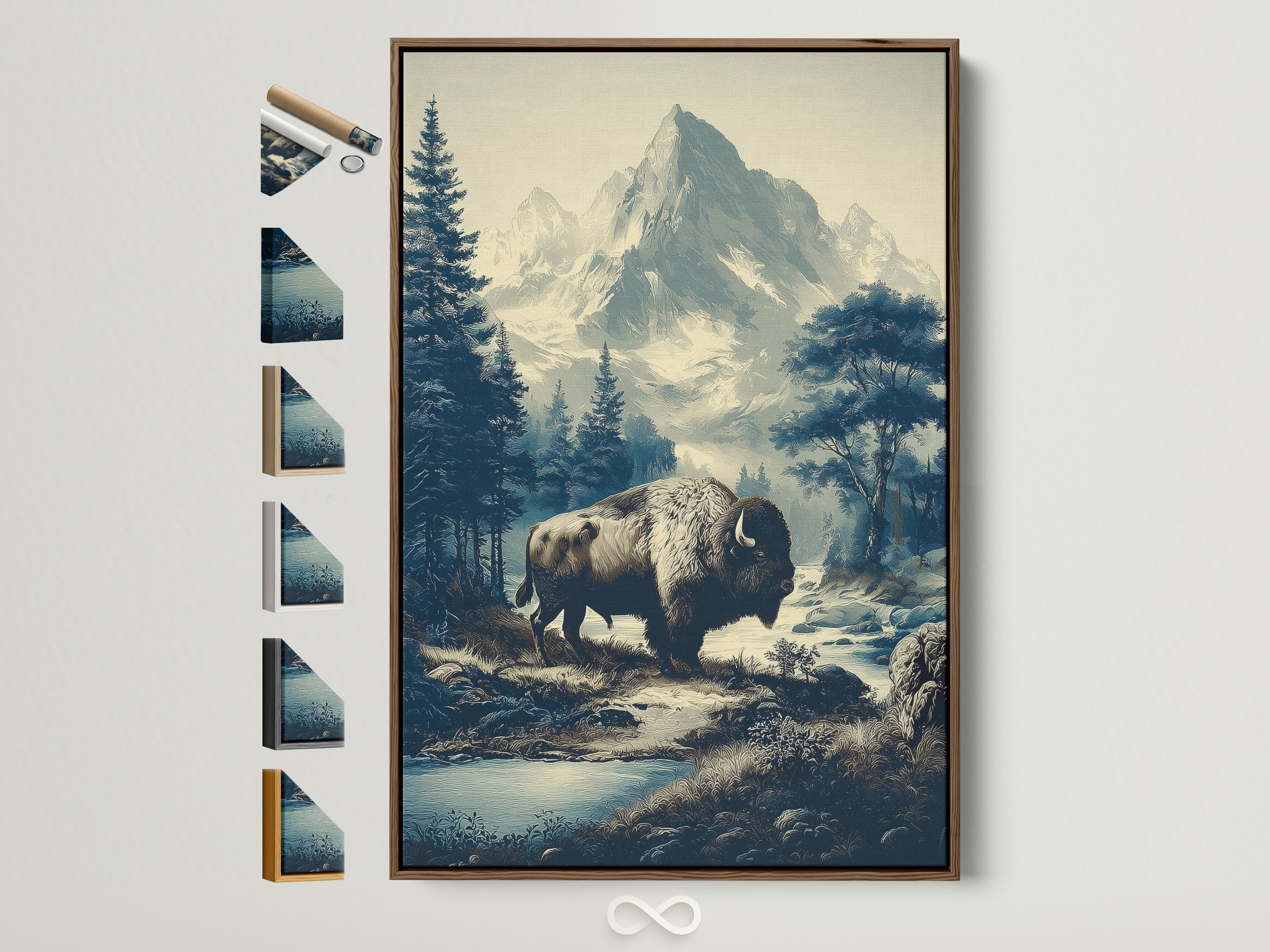 Buffalo Mountain Art with brown frame options. This western wildlife art features a vintage nature scene. It is perfect rustic cabin office decor. Explore frame styles to enhance your bison canvas art. It adds wilderness to any room
