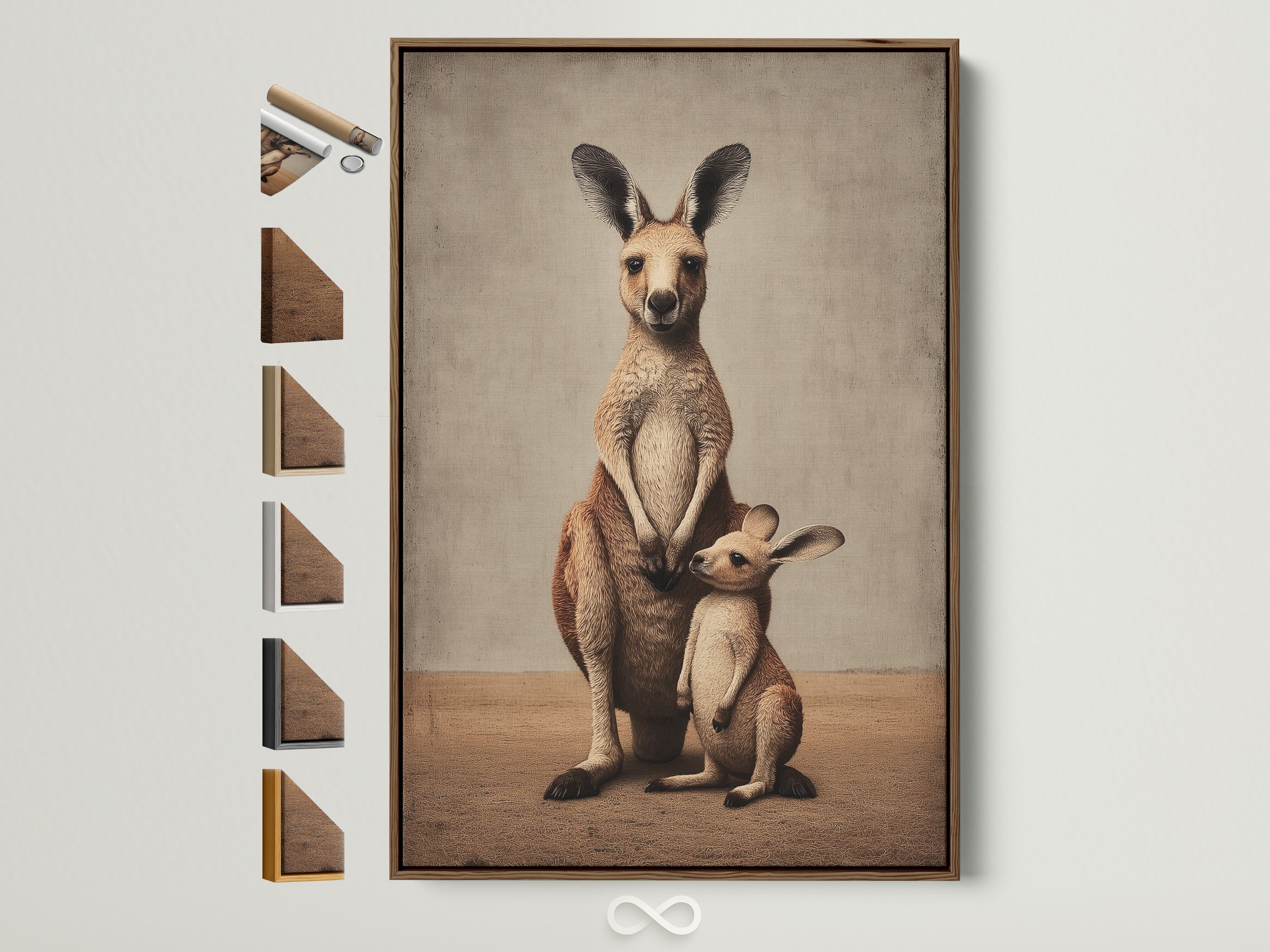 Kangaroo family artwork in a brown frame. The artwork features a mother kangaroo and her joey. Various frame options are displayed. Perfect neutral wall art for a nursery or family room.