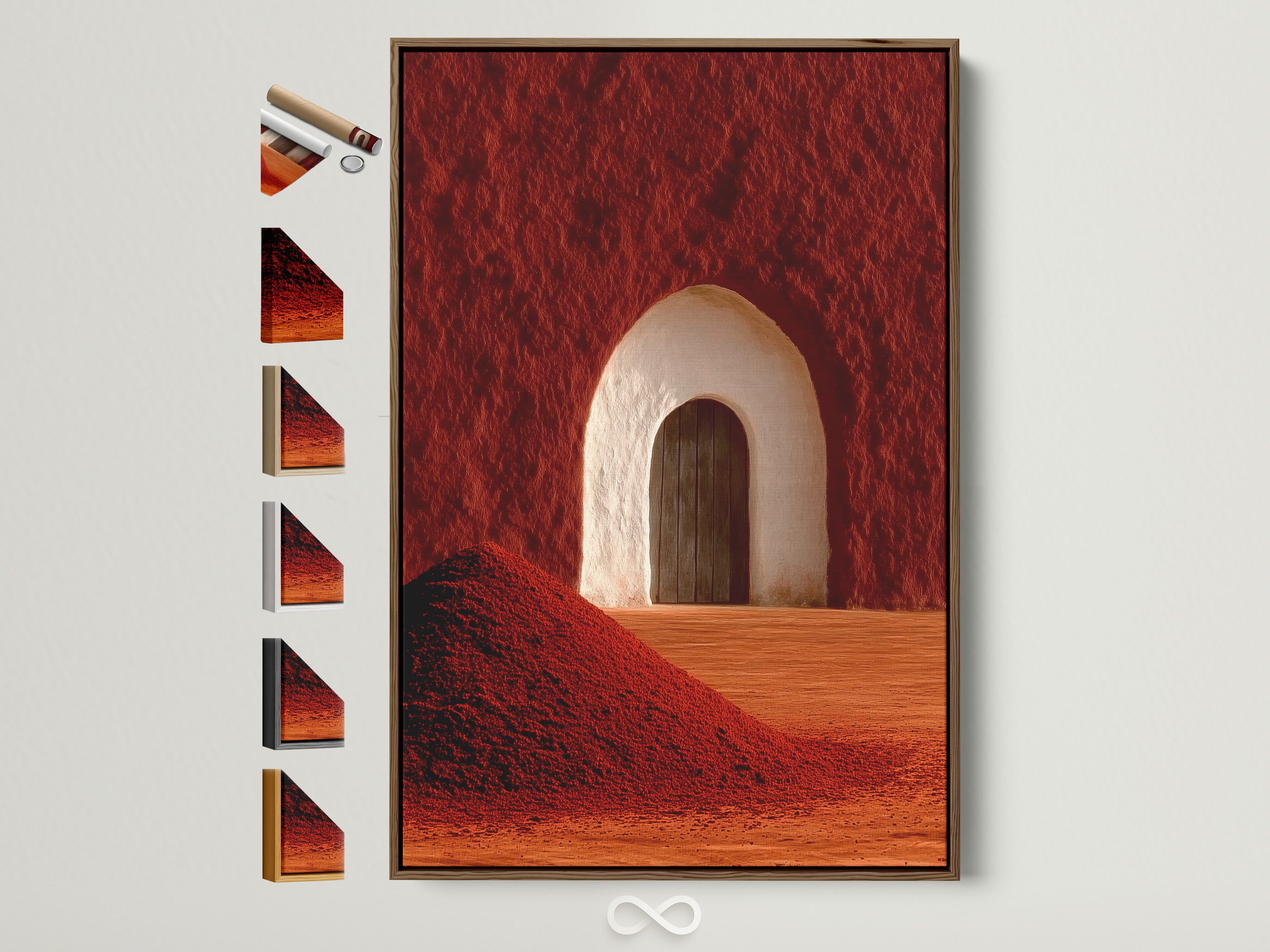 Desert Arch artwork in a brown frame displayed on a white wall. Other frame options are showcased on the side. This terracotta abstract wall art adds a modern Southwestern touch. Perfect as bedroom wall art or for minimalist decor.