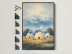 Native American Teepee Mountain Wall Art in a Brown Frame. This indigenous artwork brings a touch of the Southwest to any cabin or home. See all frame color options available. It's perfect for adding tranquil art to your space. The beige and blue tones blend seamlessly with rustic wall decor.