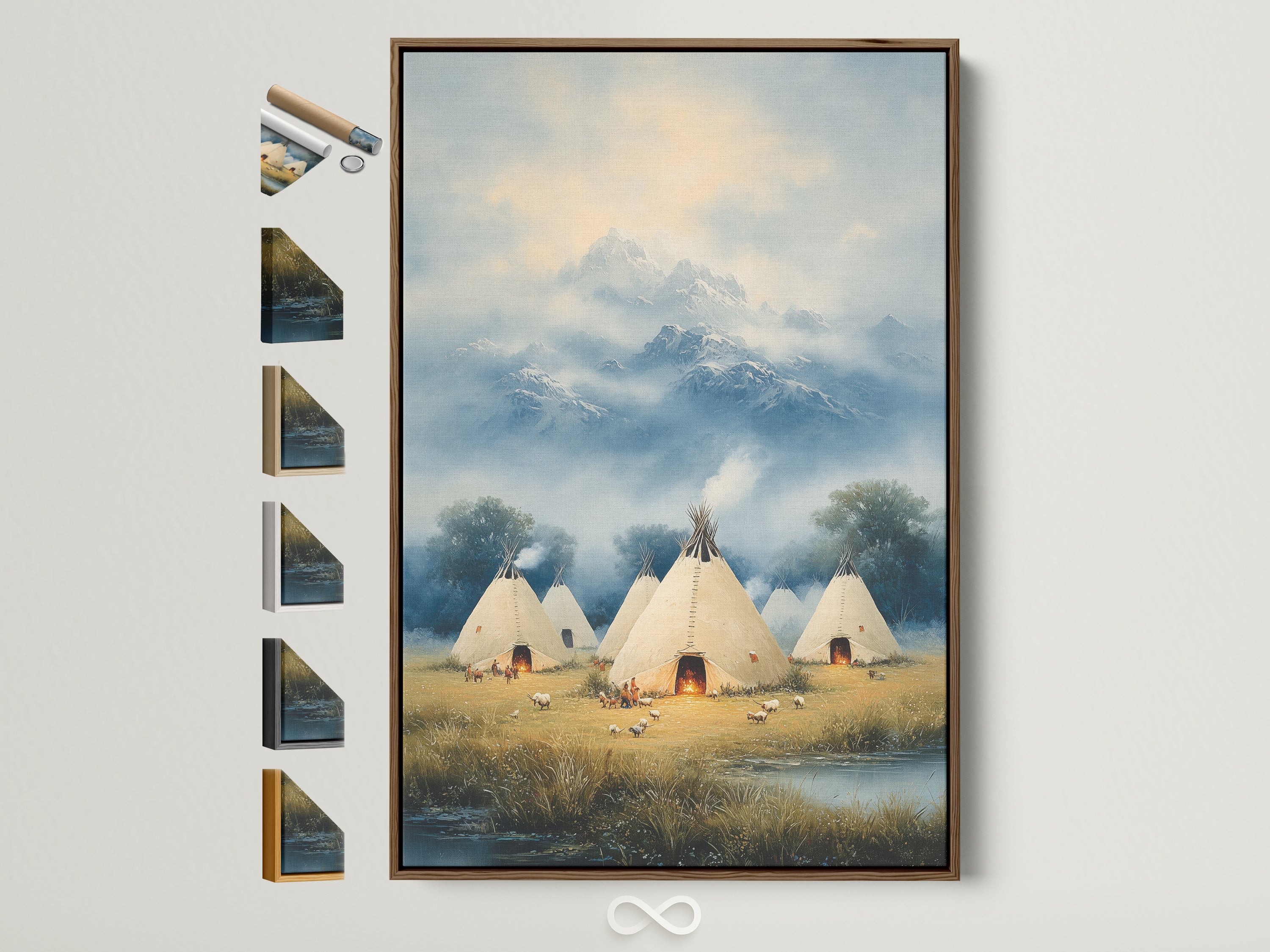 Native American Teepee Mountain Wall Art in a Brown Frame. This indigenous artwork brings a touch of the Southwest to any cabin or home. See all frame color options available. It's perfect for adding tranquil art to your space. The beige and blue tones blend seamlessly with rustic wall decor.