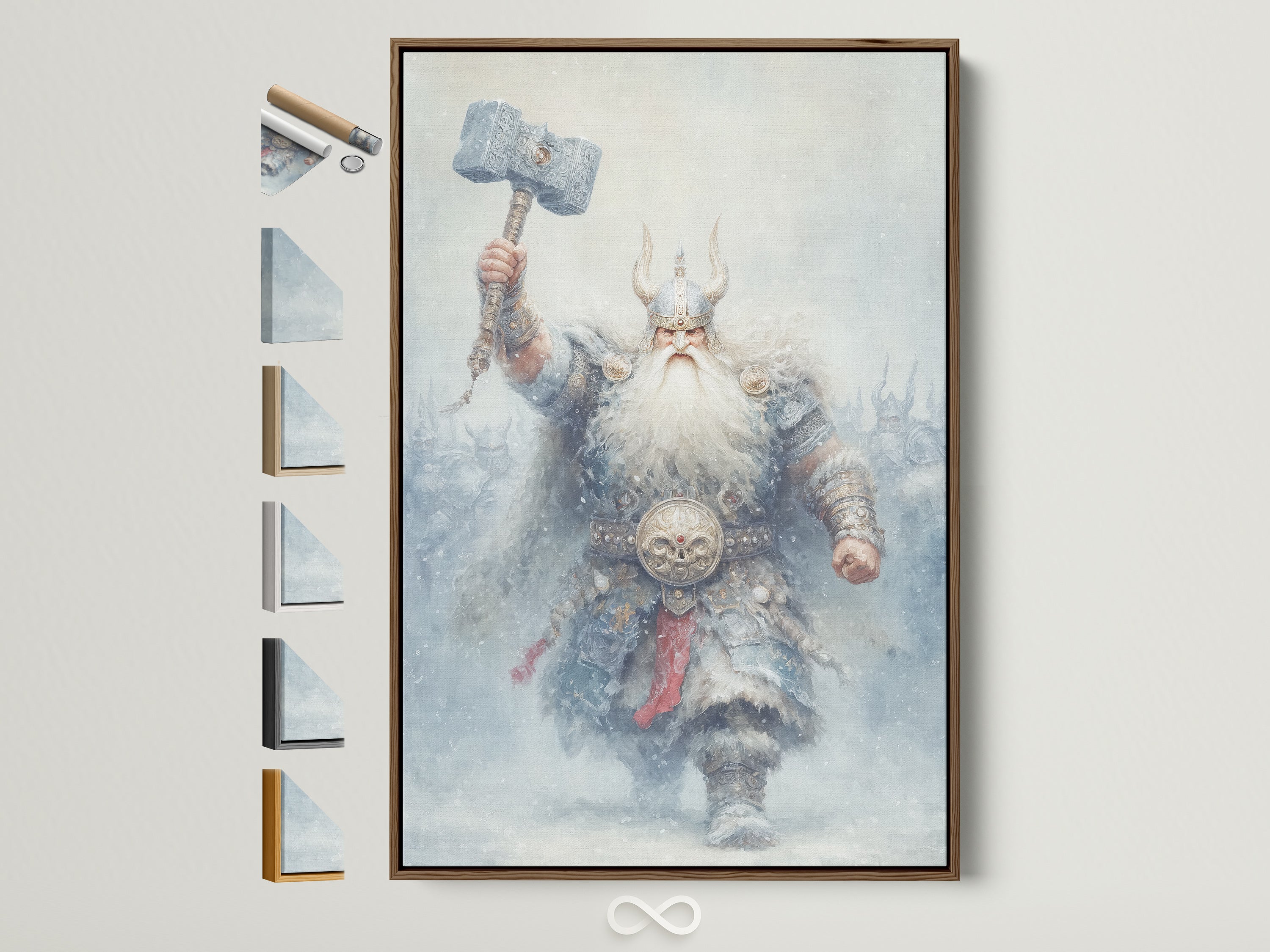Viking Warrior canvas artwork with a brown frame. The artwork is of Norse Mythology. The frame options are displayed on the side. Perfect fantasy artwork for game room decor. It adds an industrial style to the interior.
