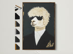 Cool Llama Art Print in a brown frame hangs on a white wall. This quirky animal wall art features a llama wearing sunglasses and a suit. Frame options are displayed on the side. Perfect formal portrait canvas print for office wall decor.