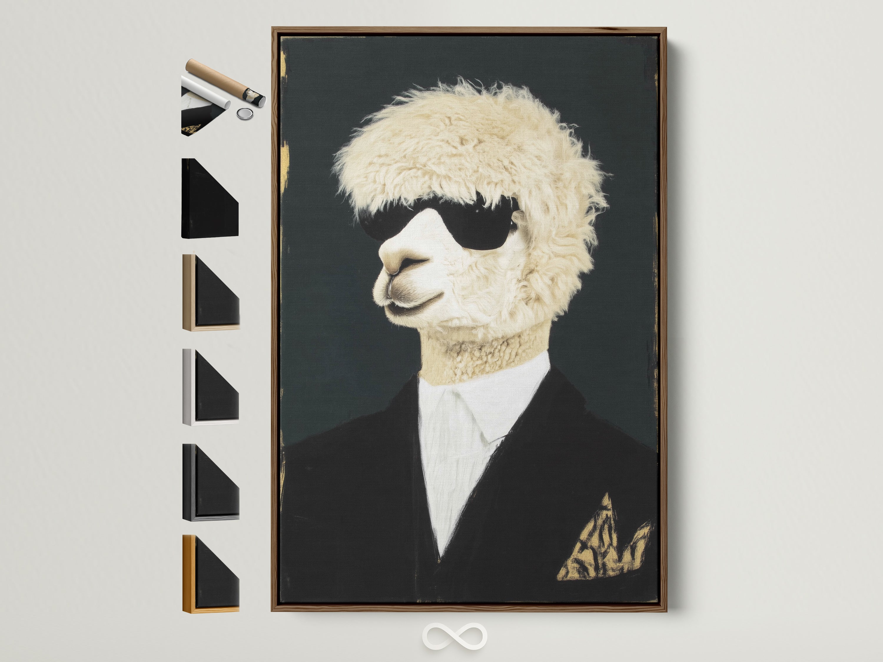 Cool Llama Art Print in a brown frame hangs on a white wall. This quirky animal wall art features a llama wearing sunglasses and a suit. Frame options are displayed on the side. Perfect formal portrait canvas print for office wall decor.