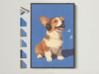 Corgi Music Artwork Print with brown frame. Various frame options are displayed. This dog artwork is perfect for a nursery or playroom. A great gift for dog and music lovers. The primary color is blue with a contemporary style.