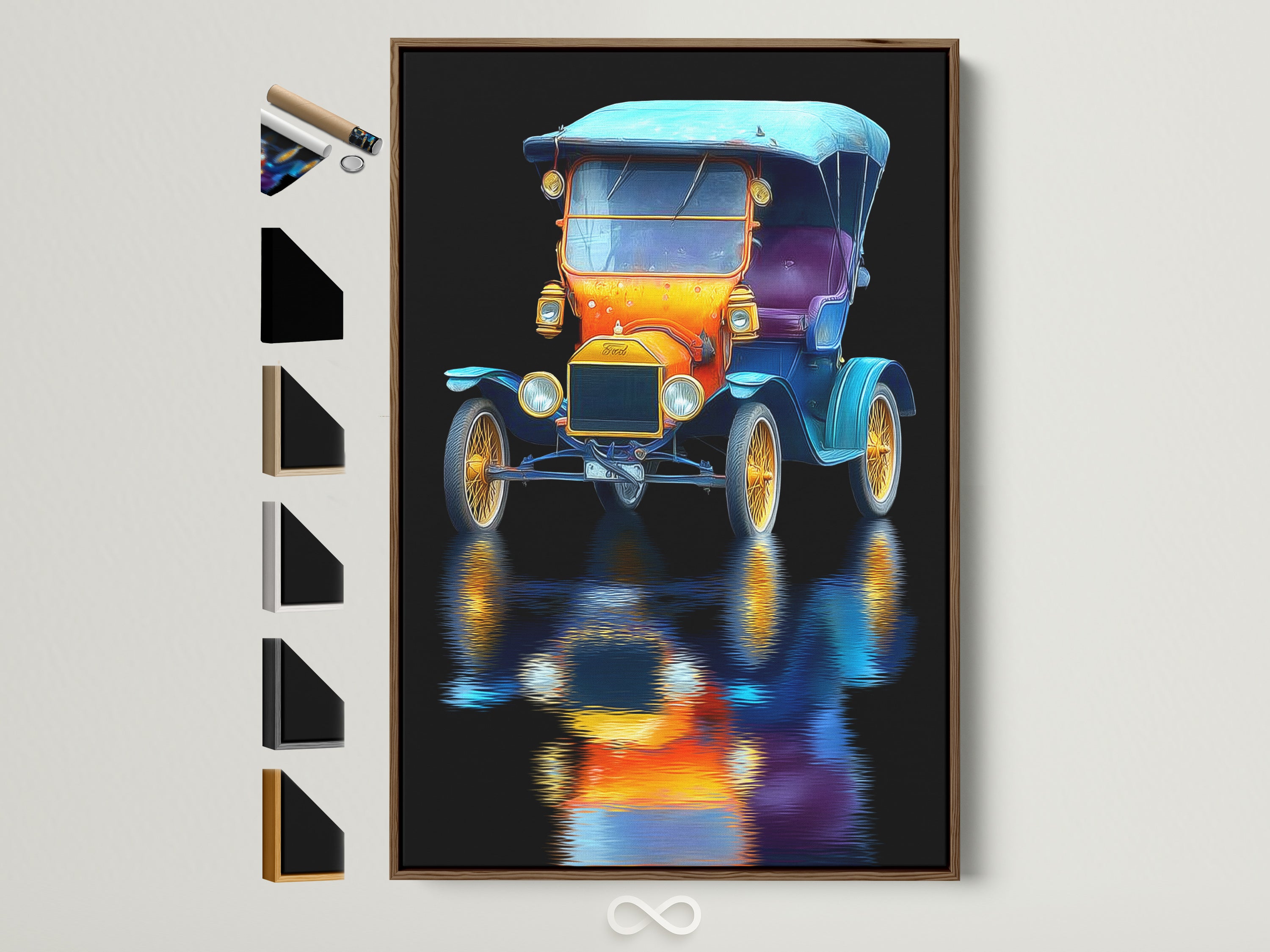 Vintage Car Artwork with Brown Frame. This classic automobile art is perfect for adding a retro touch. Frame options displayed. Ideal for car enthusiasts and collectors seeking unique wall art.