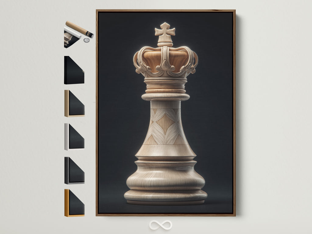 A framed artwork in a brown frame is displayed. The artwork features a chess king piece. The frame options are showcased on the side. It adds a touch of sophistication to the interior decor.