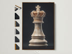 A framed artwork in a brown frame is displayed. The artwork features a chess king piece. The frame options are showcased on the side. It adds a touch of sophistication to the interior decor.