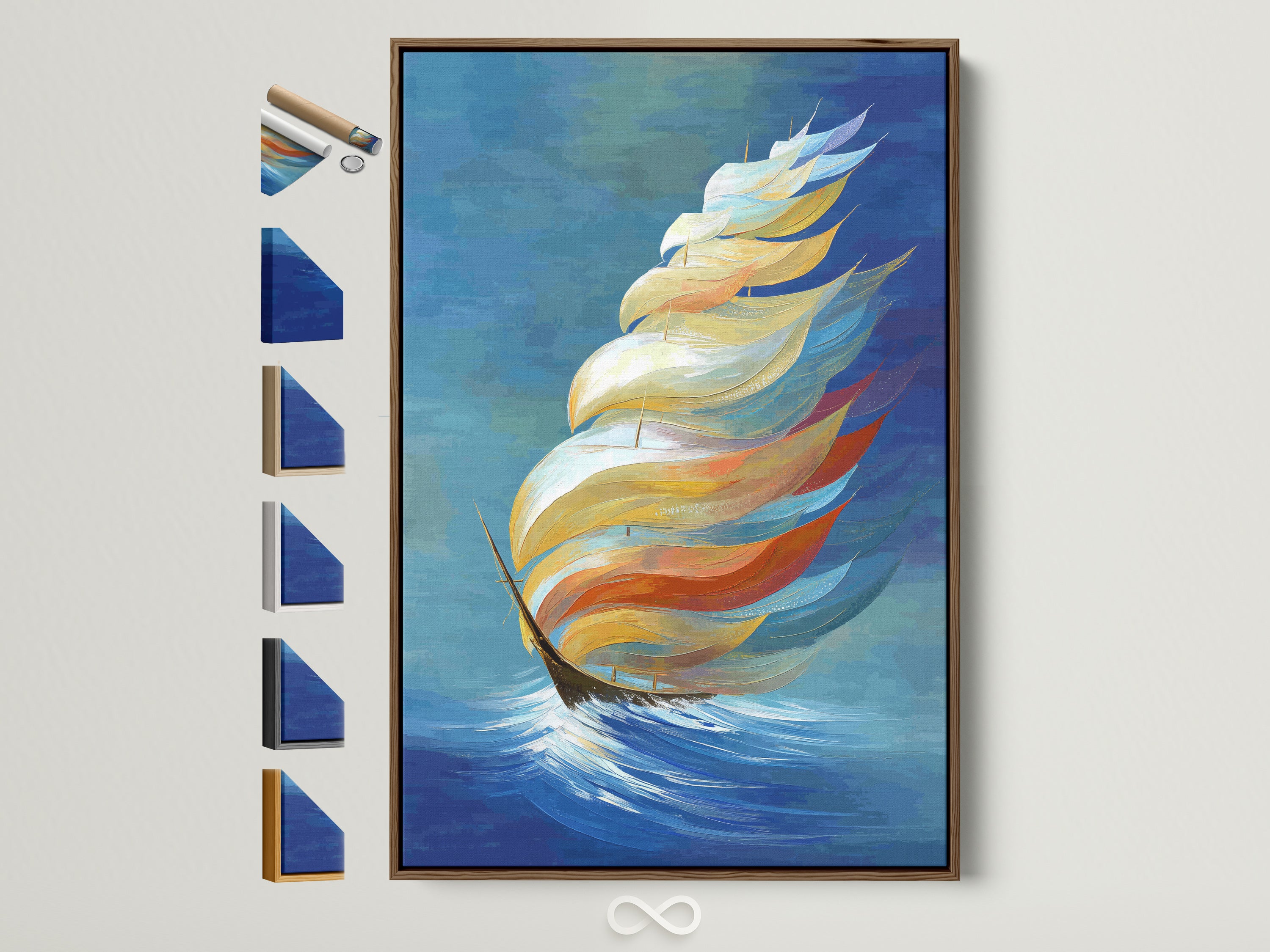 Abstract sailboat artwork in a brown frame hangs on a white wall. Various frame options are displayed beside it. This coastal artwork brings a nautical theme to any room. It adds an elegant touch to your home decor. Explore frame choices to customize your art.