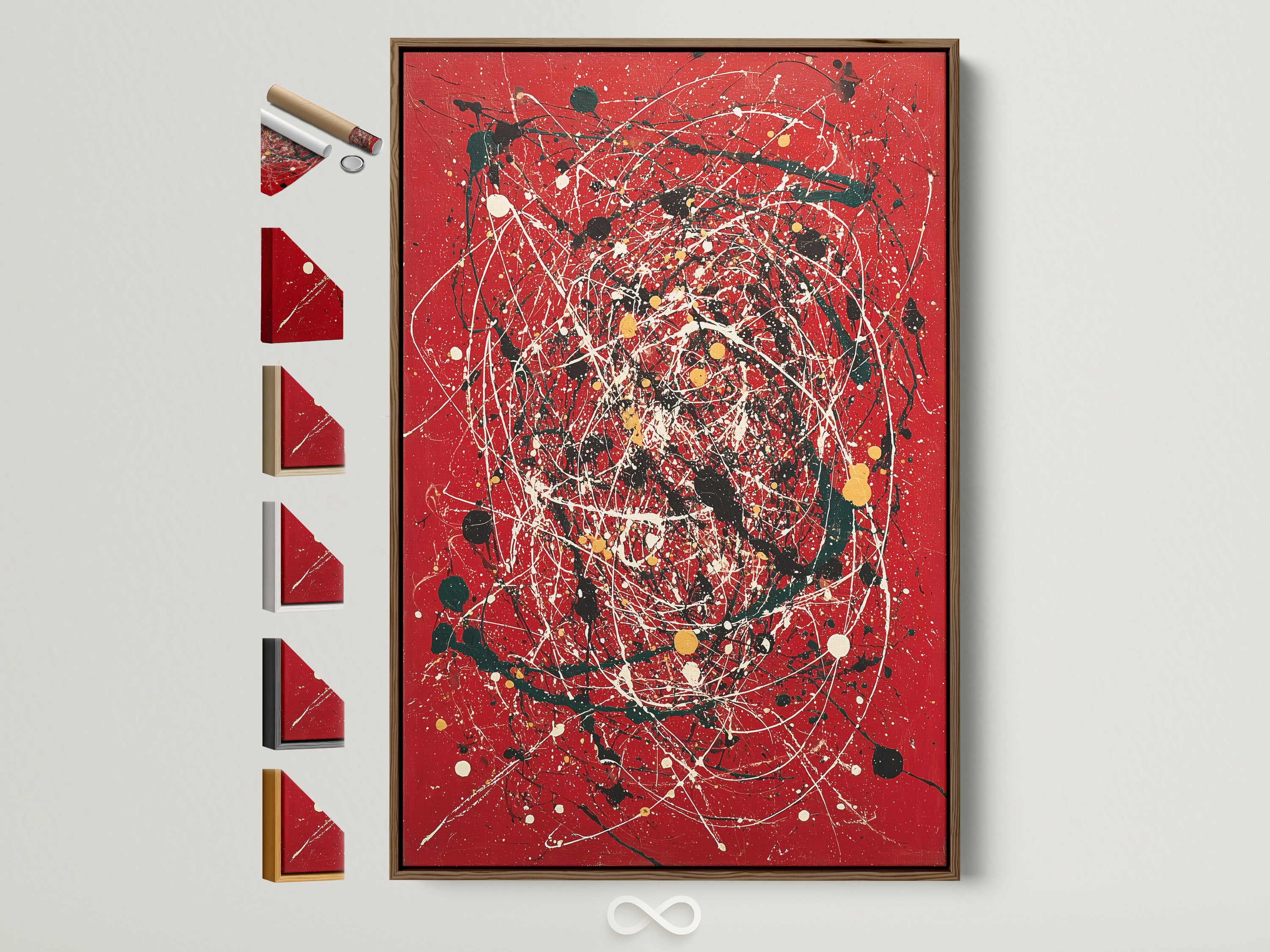 Abstract Splatter Art Print with a Red Canvas. The artwork is displayed in a brown frame. Various frame options are showcased on the side. This modern paint drip artwork enhances contemporary home decor. Consider this bold red art for your living room or office. It adds an expressionist touch to any space.