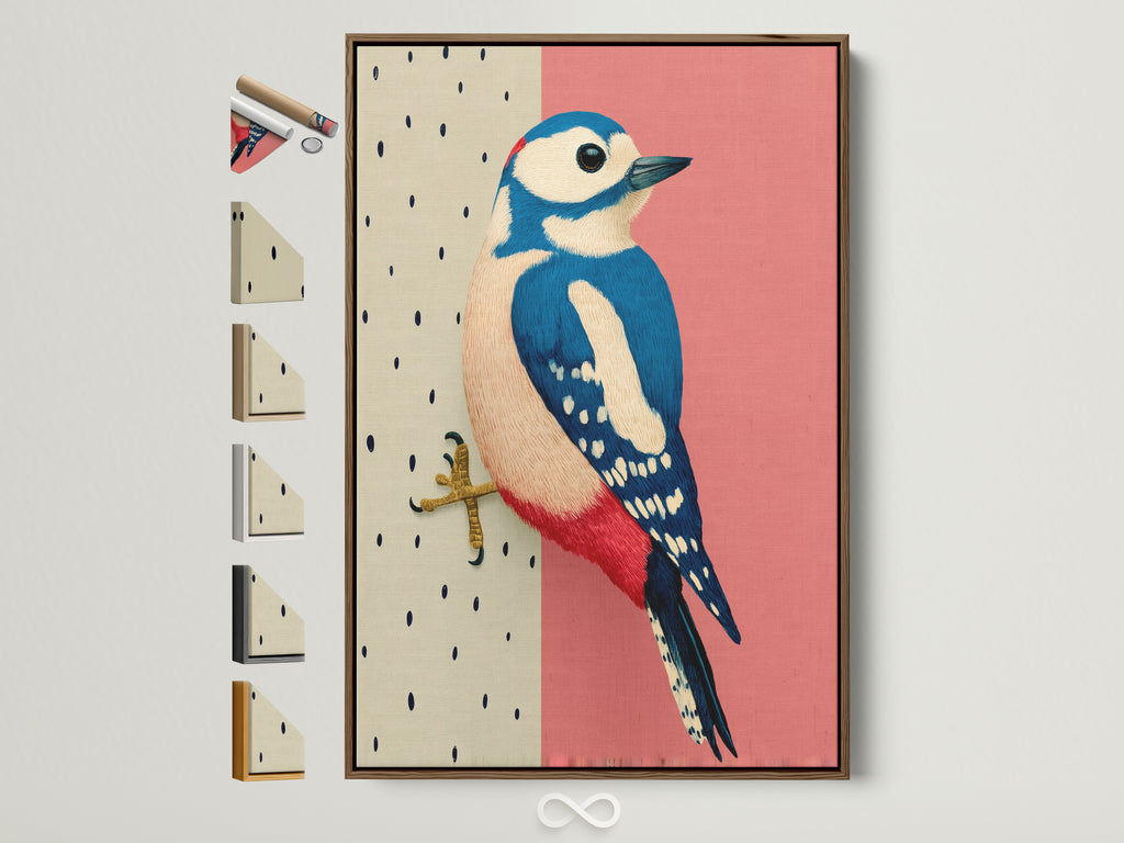 A Woodpecker bird art print is displayed in a brown frame. This modern art piece features a pink and blue illustration. All frame options are visible on the side. Perfect wall decor for birdwatchers and nature enthusiasts.