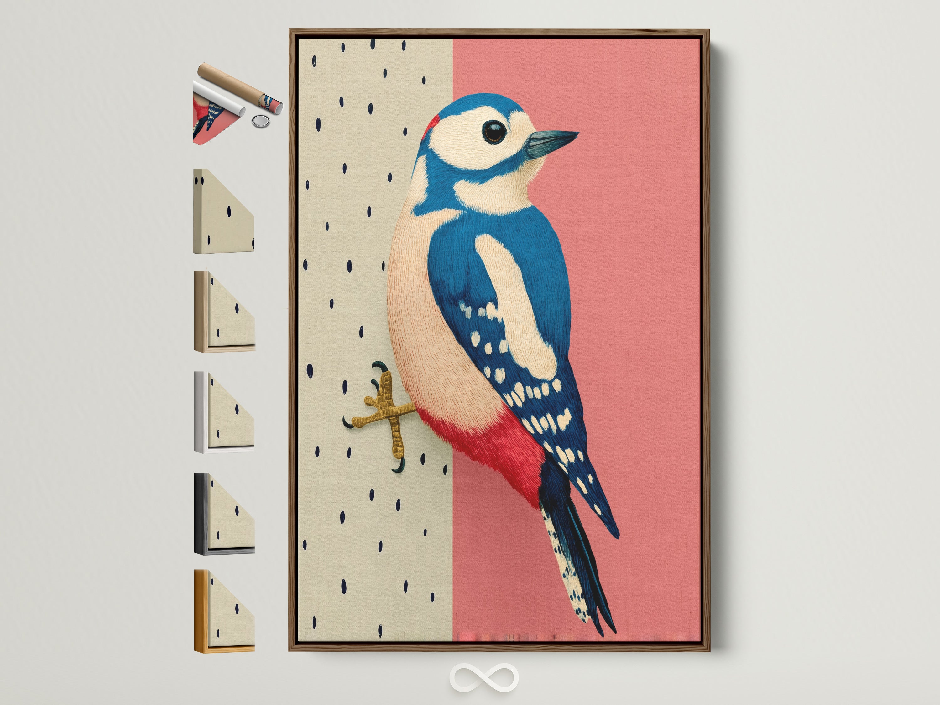 A Woodpecker bird art print is displayed in a brown frame. This modern art piece features a pink and blue illustration. All frame options are visible on the side. Perfect wall decor for birdwatchers and nature enthusiasts.