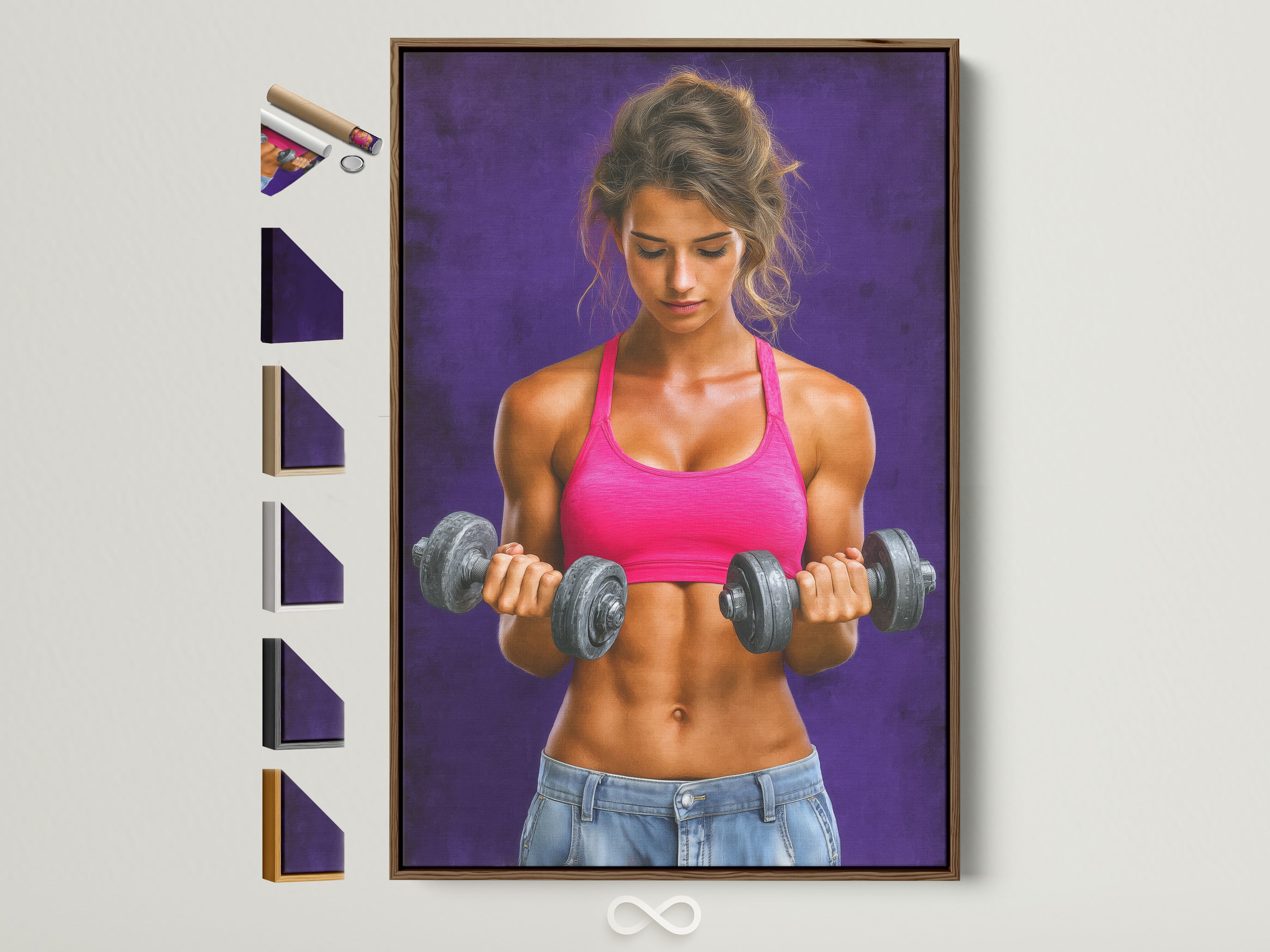 Fitness Woman Canvas Art in a Brown Frame. This gym wall decor features a strong female athlete lifting weights. It's a motivational workout print perfect for a home gym. See all available frame options on the side.