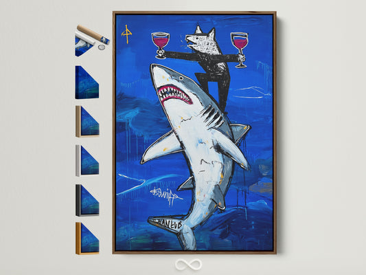 Shark Art Canvas Print in a brown frame. This contemporary marine wall art features an ocean blue abstract painting. See all available frame options on the side. It's perfect for dining room decor. A bold statement piece for any space.
