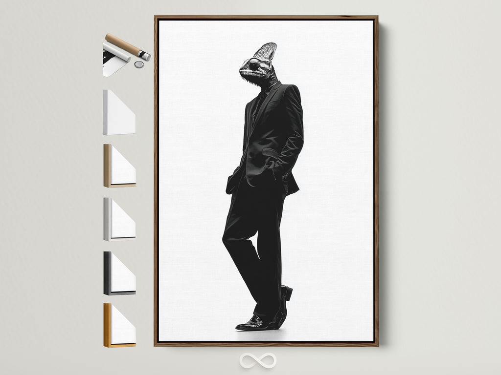 Explore our art prints in a variety of frame options. See how the artwork looks with different frames. A brown frame holds a unique animal art piece. All frame choices are displayed. Find the perfect frame to complement your style.