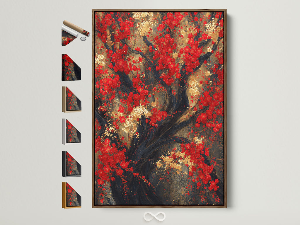 A captivating Red Blossoms Canvas Print is showcased with various frame options displayed nearby. This Asian botanical artwork features a Japanese cherry tree. It's ideal for adding a touch of oriental decor to dining rooms or any space seeking nature-inspired art. The primary color is red with gold accents. Perfect for contemporary wall decor.