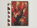 A captivating Red Blossoms Canvas Print is showcased with various frame options displayed nearby. This Asian botanical artwork features a Japanese cherry tree. It's ideal for adding a touch of oriental decor to dining rooms or any space seeking nature-inspired art. The primary color is red with gold accents. Perfect for contemporary wall decor.