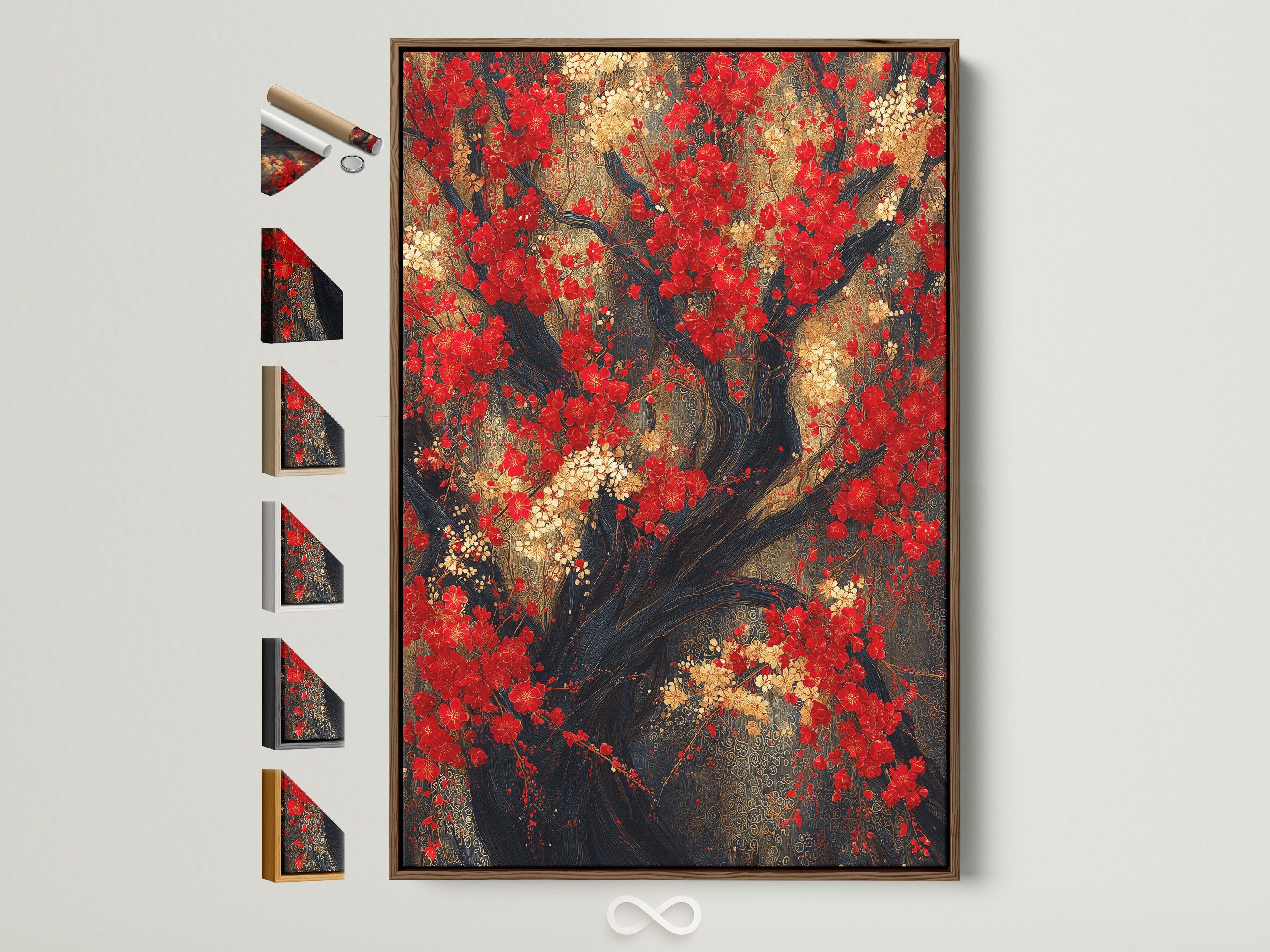 A captivating Red Blossoms Canvas Print is showcased with various frame options displayed nearby. This Asian botanical artwork features a Japanese cherry tree. It's ideal for adding a touch of oriental decor to dining rooms or any space seeking nature-inspired art. The primary color is red with gold accents. Perfect for contemporary wall decor.