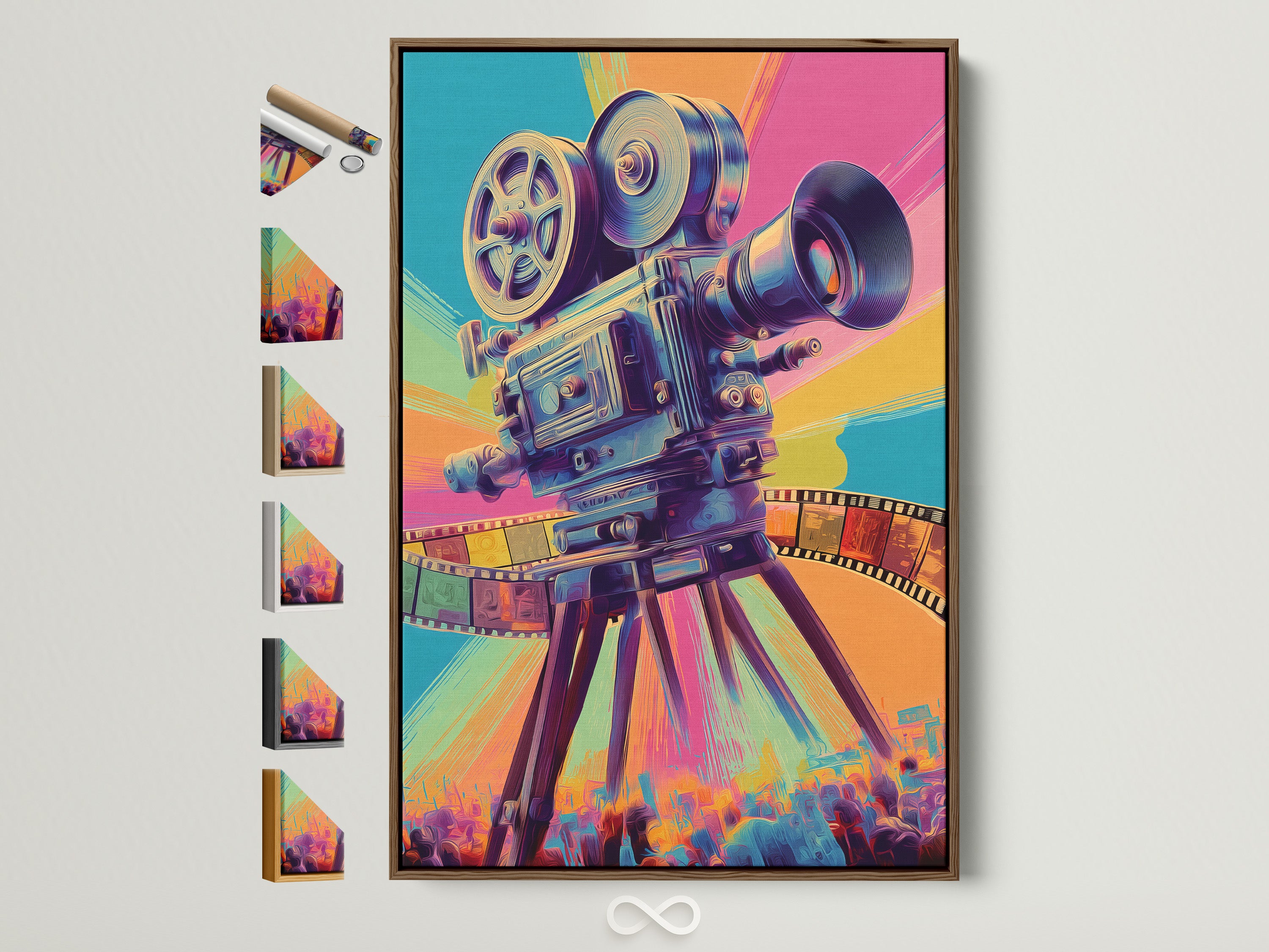 Explore framing options for your art. This photo showcases a brown frame. Many frame choices are displayed on the side. Find the perfect frame to complement your artwork. Enhance your space today