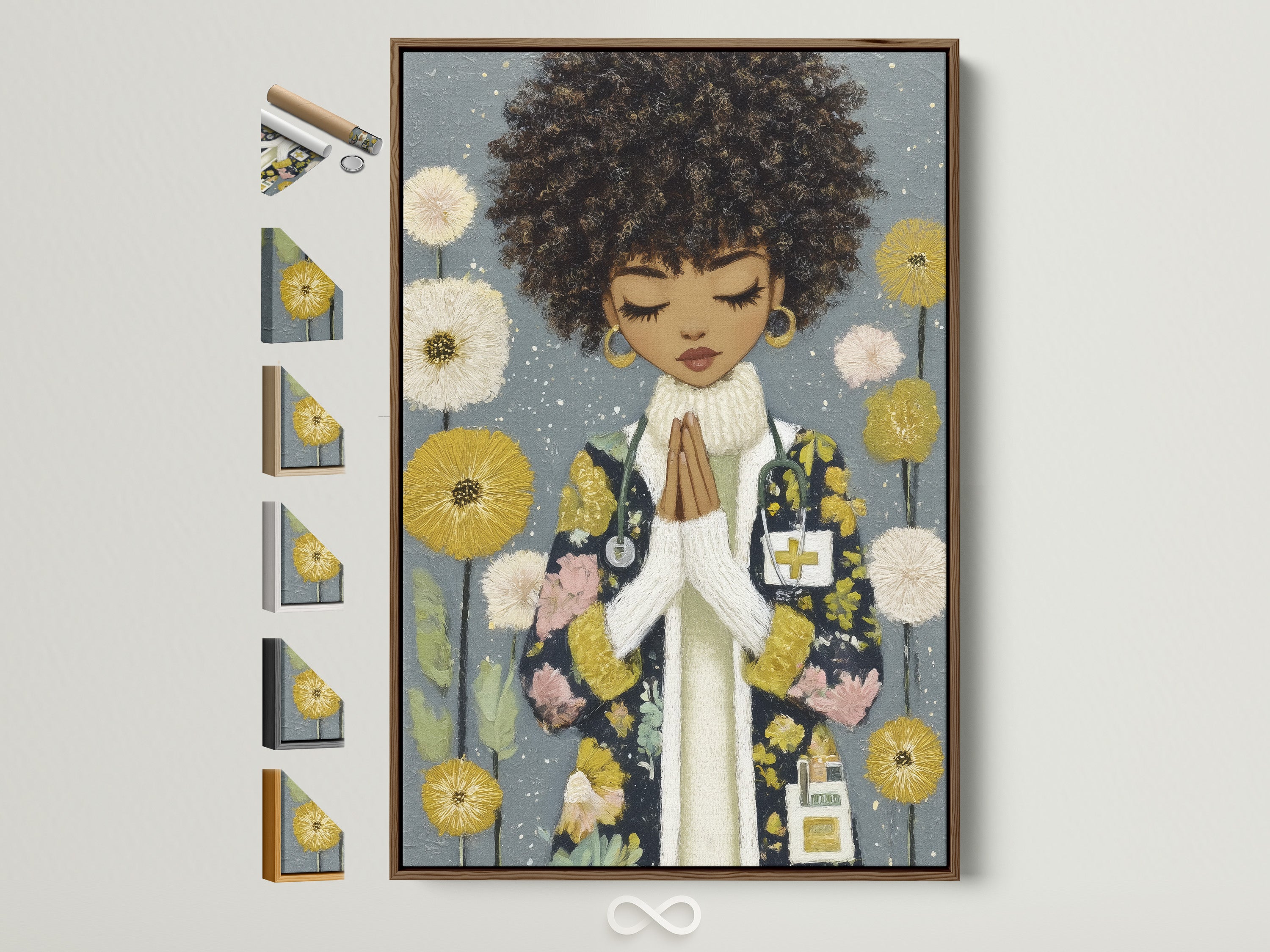 African American Spiritual Artwork in a brown frame. The various frame color options are displayed on the side. This Black Girl Prayer Art Print adds inspirational art to any space. It is perfect for bedroom wall decor or medical office decor.