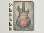 A brown frame displays artwork of a guitar covered in flowers. All frame options are visible on the side. The artwork is vibrant and detailed. It adds a touch of elegance to any space. Perfect for music and art lovers.