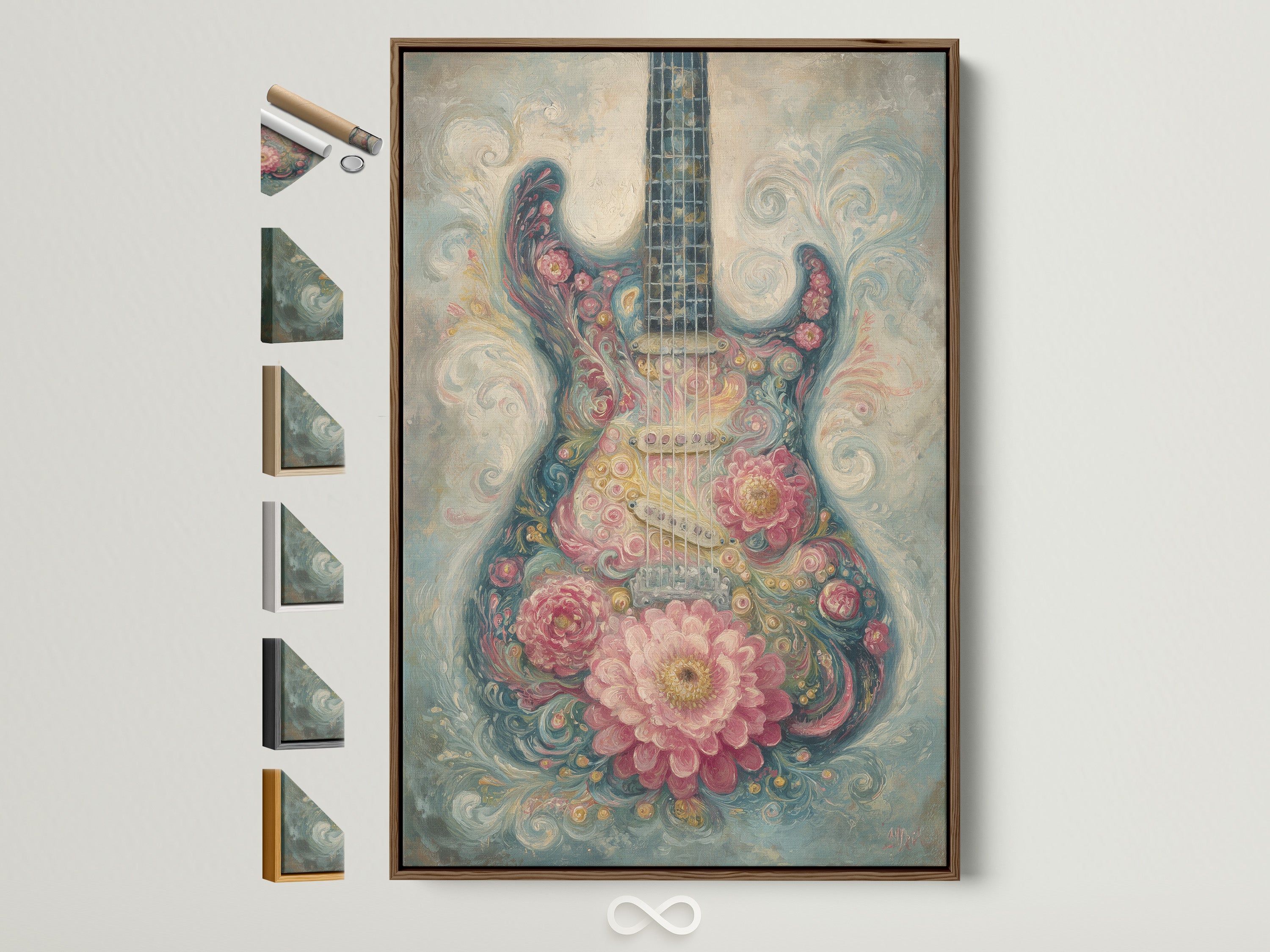 A brown frame displays artwork of a guitar covered in flowers. All frame options are visible on the side. The artwork is vibrant and detailed. It adds a touch of elegance to any space. Perfect for music and art lovers.